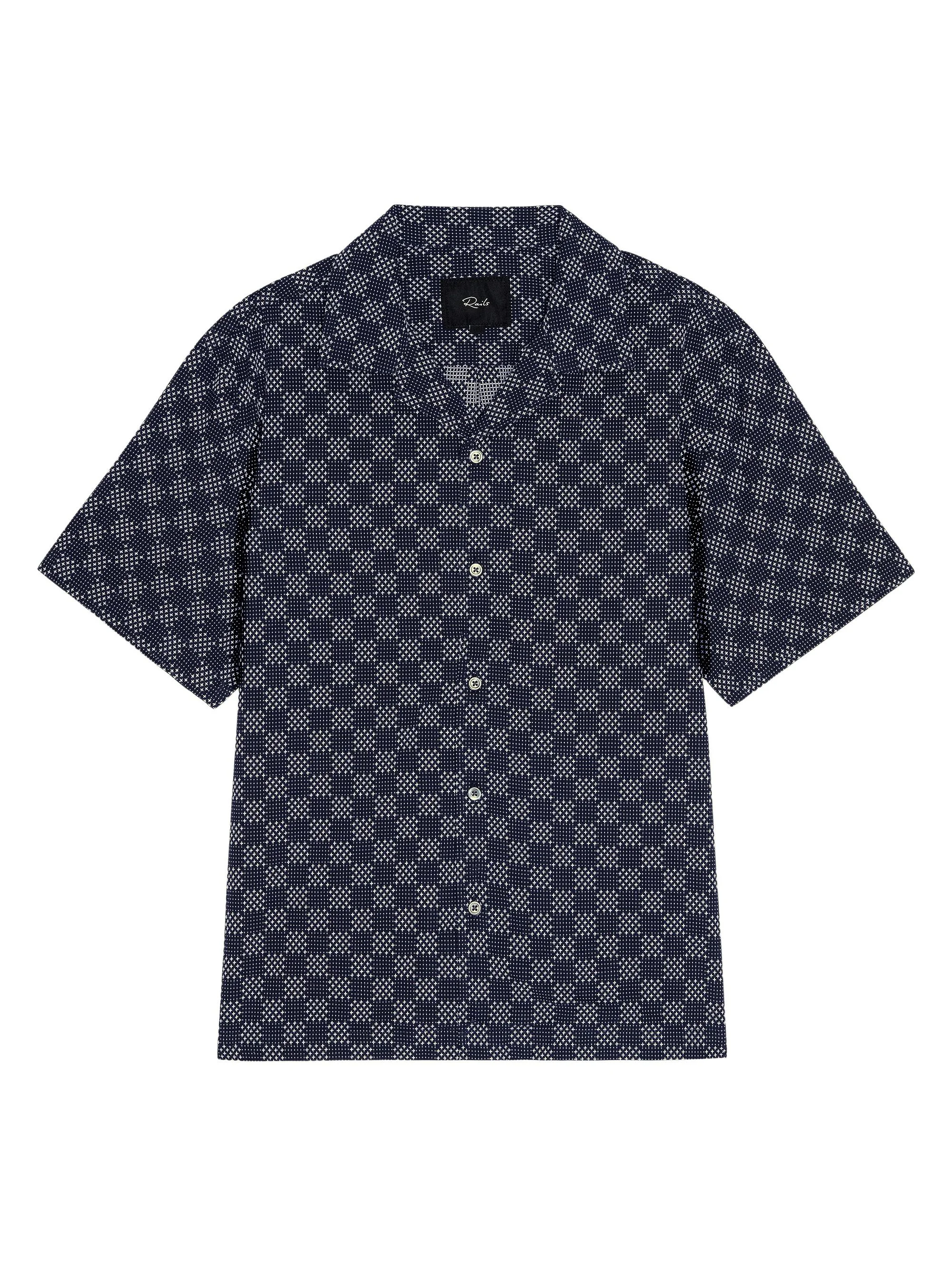 Men's Kin Check Cotton Camp Shirt - Navy Sashiko - 1