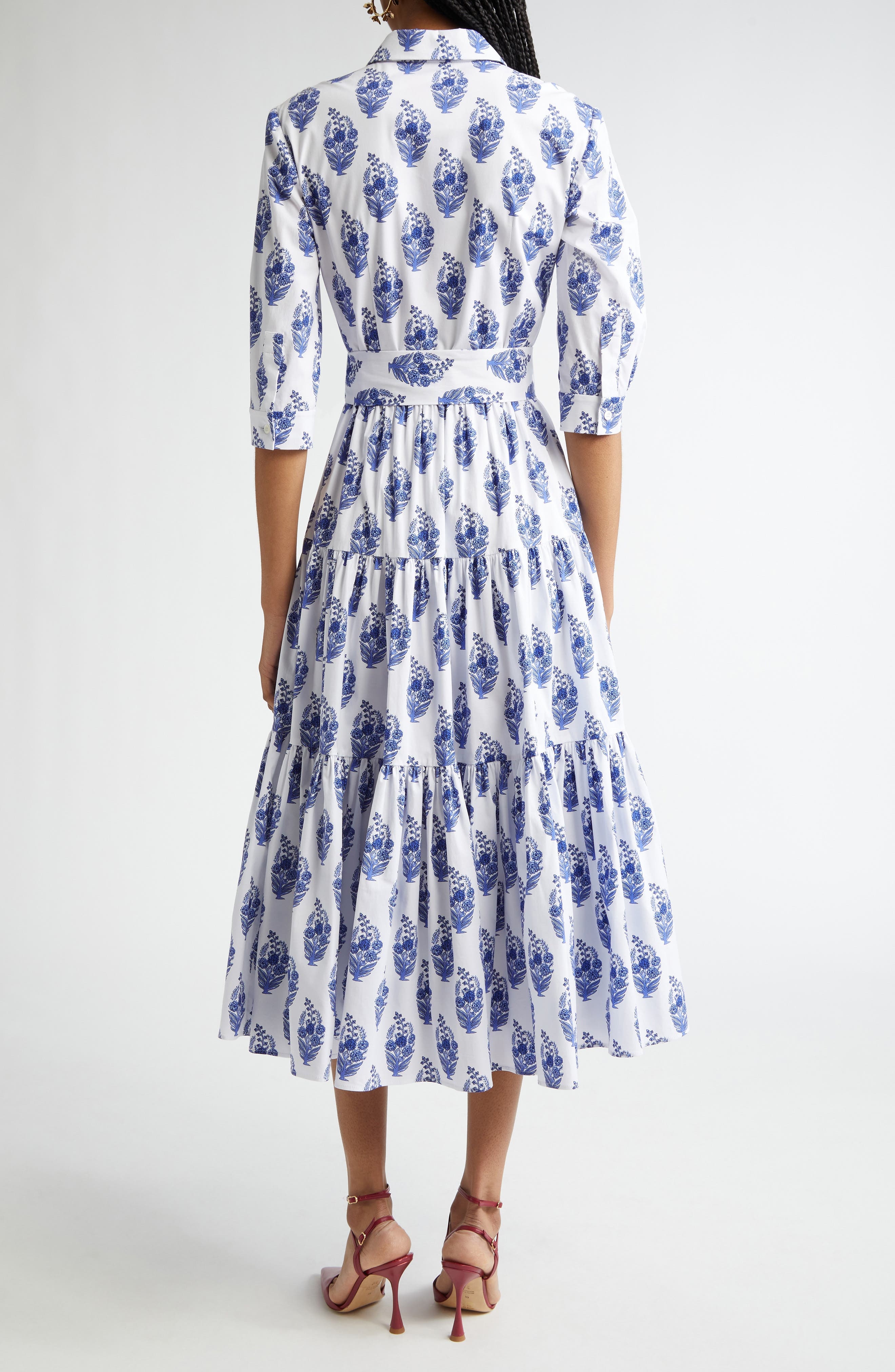 Carolina Herrera Floral Print Tiered Stretch Cotton Shirtdress in White Multi at Nordstrom - 2