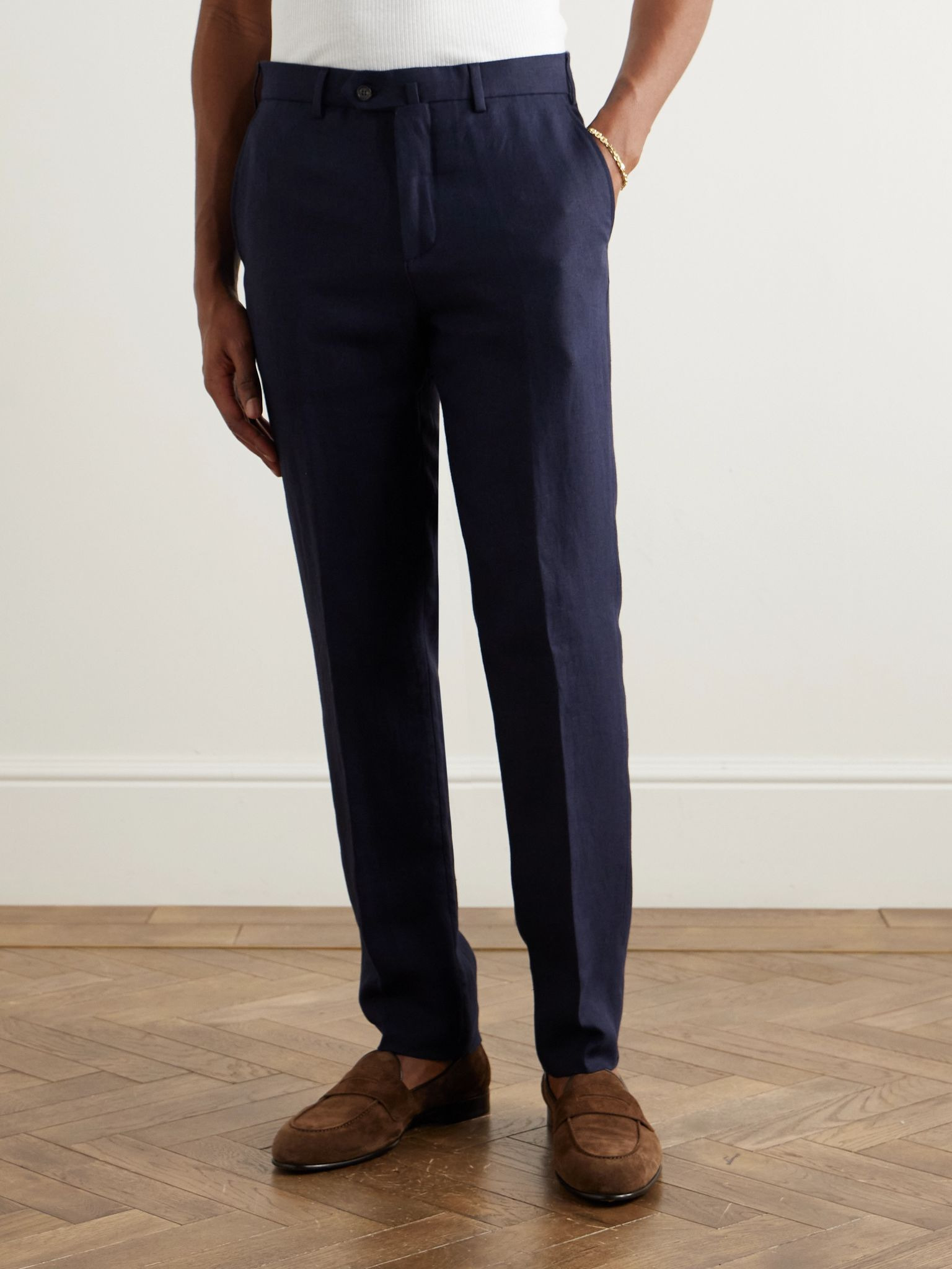 Carlo Straight-Leg Linen Suit Trousers Navy - 3