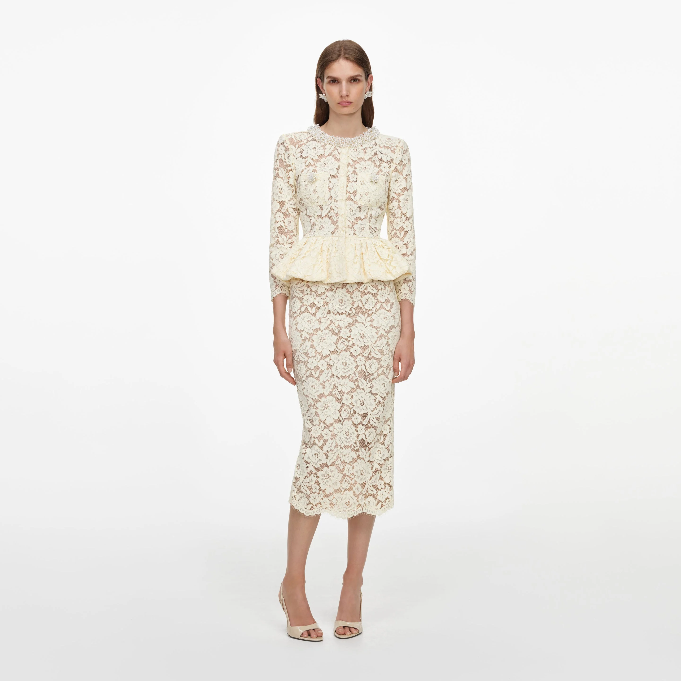 Yellow Lace Peplum Midi Dress - 1