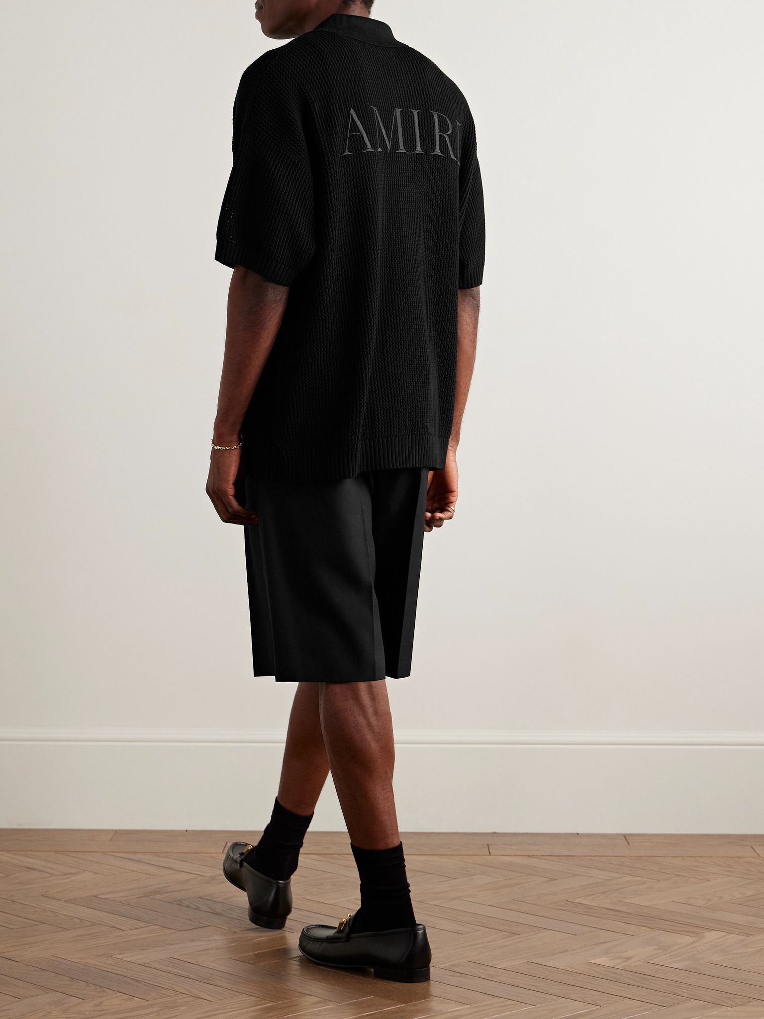 Logo-Embroidered Crocheted Cotton Shirt Black - 2
