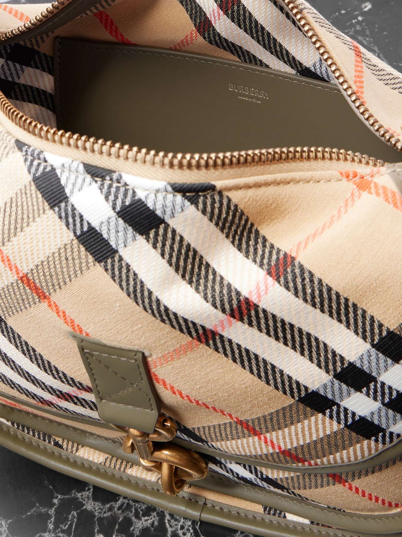 Small leather-trimmed checked canvas shoulder bag Beige - 5