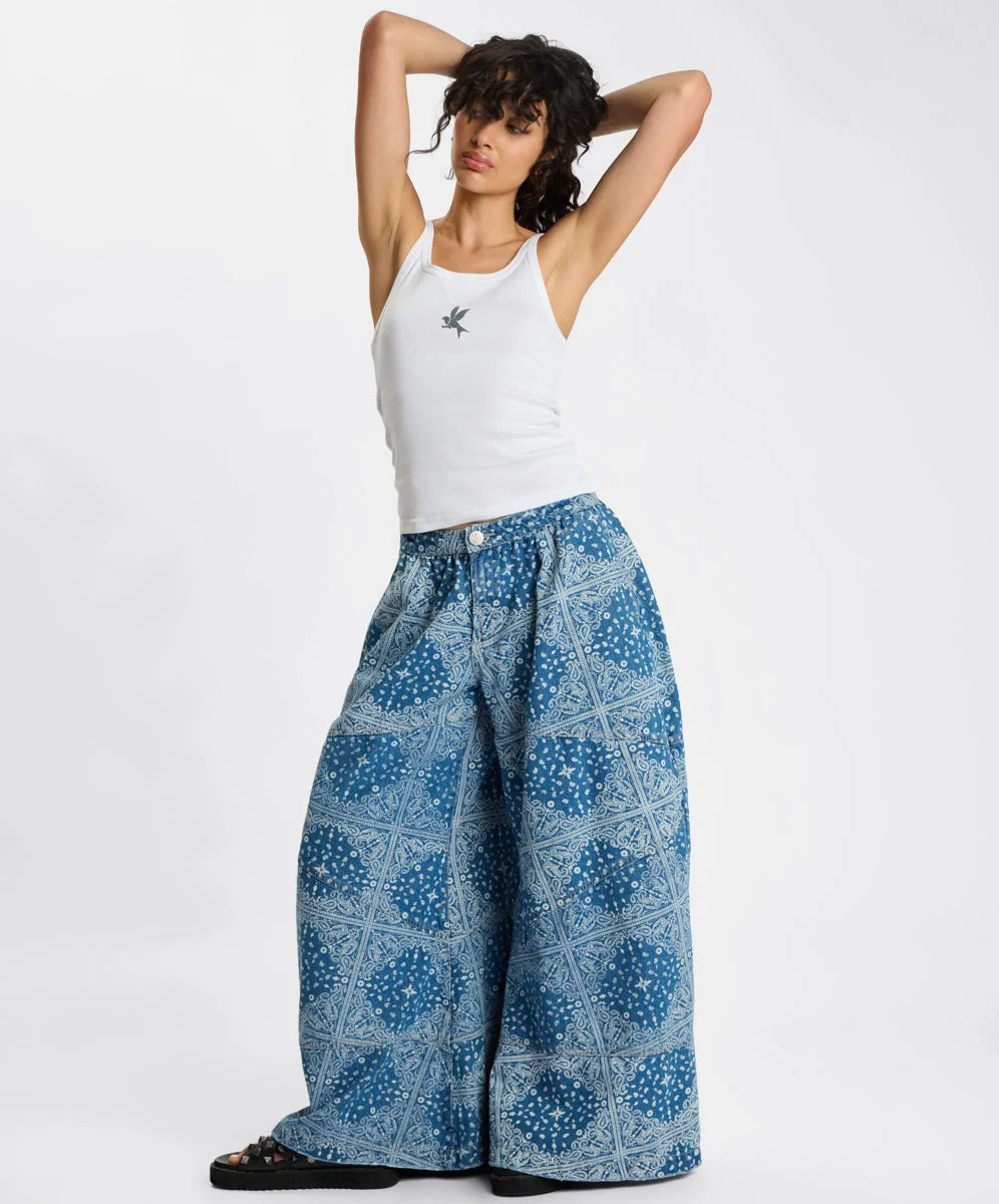 Daddios Low Waist Super Wide Leg Denim Jeans - Aegean Paisley Blue - 1