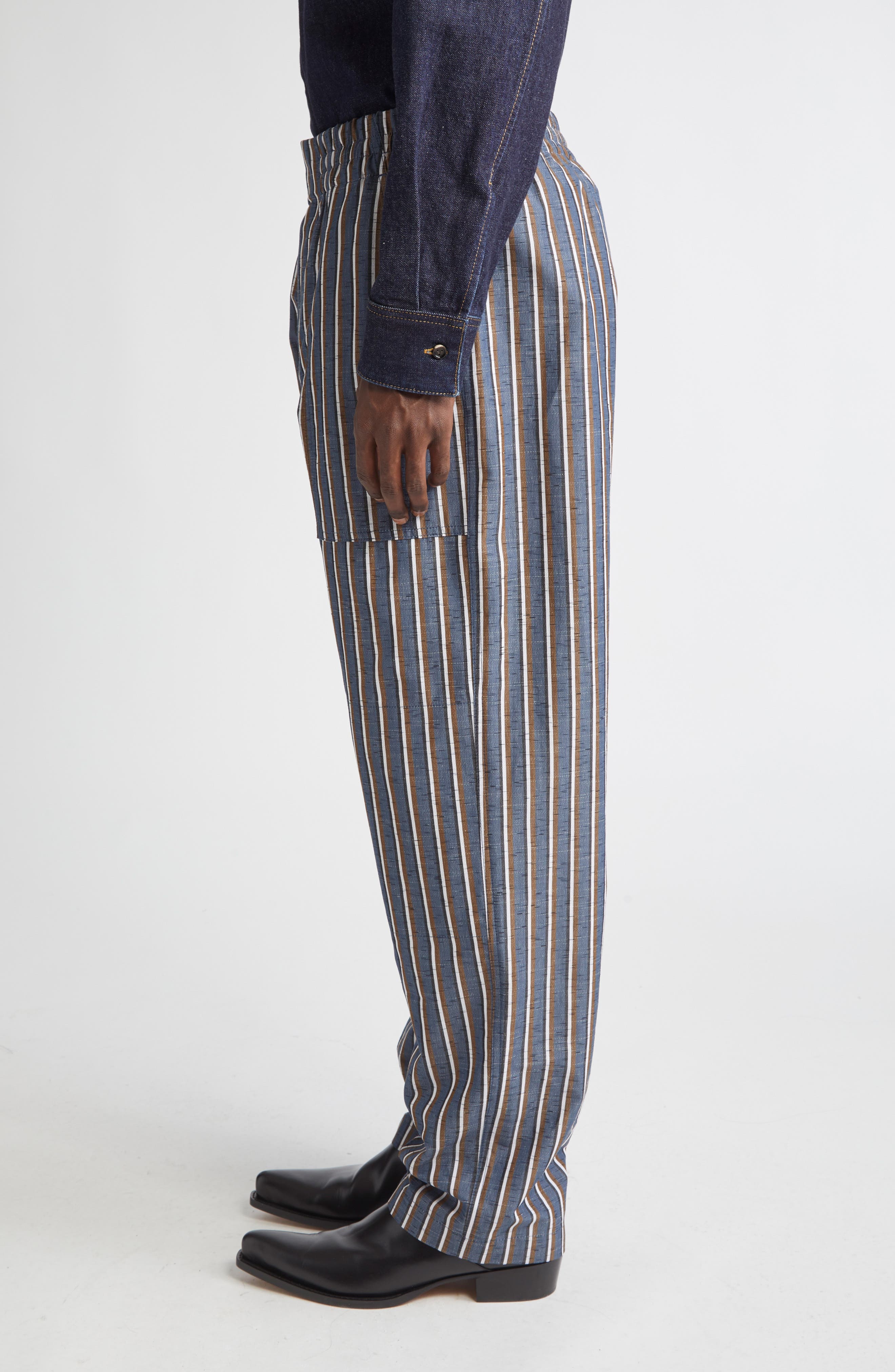Bottega Veneta Cotton Blend Wide Leg Pants in Blue/Khaki/Black at Nordstrom - 4