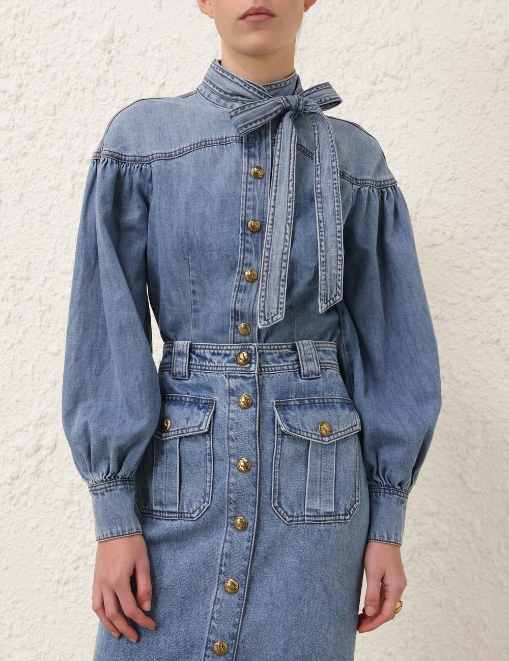DENIM TIE NECK BLOUSE - 2