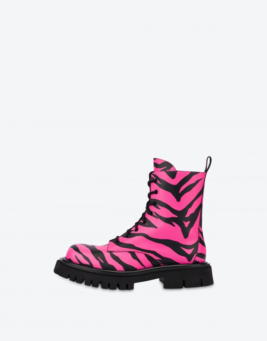 MOSCHINO X THE FLINTSTONES™ ZEBRA-PRINT COMBAT ANKLE BOOTS - 2