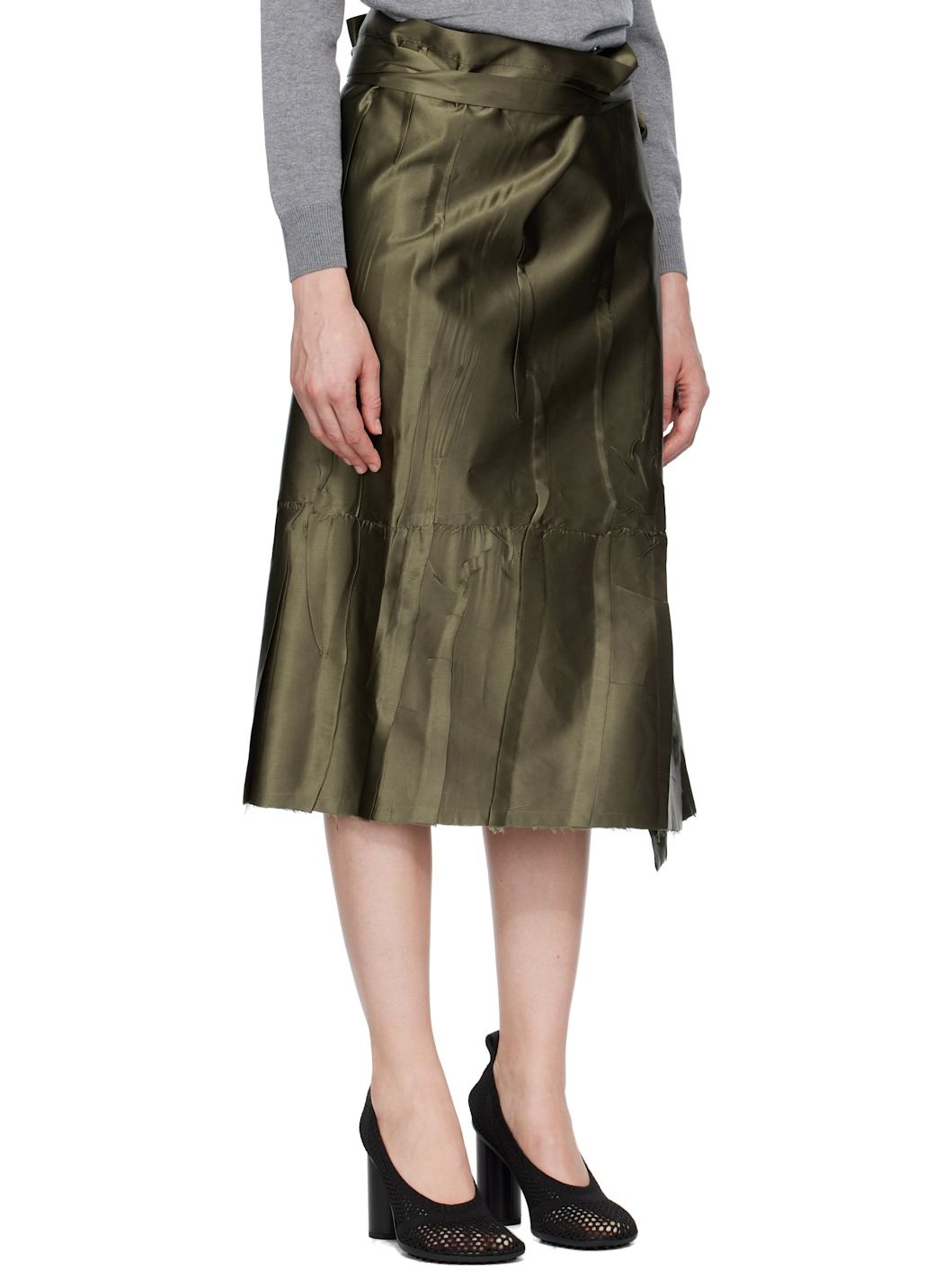 Khaki Apron Flat Midi Skirt - 2