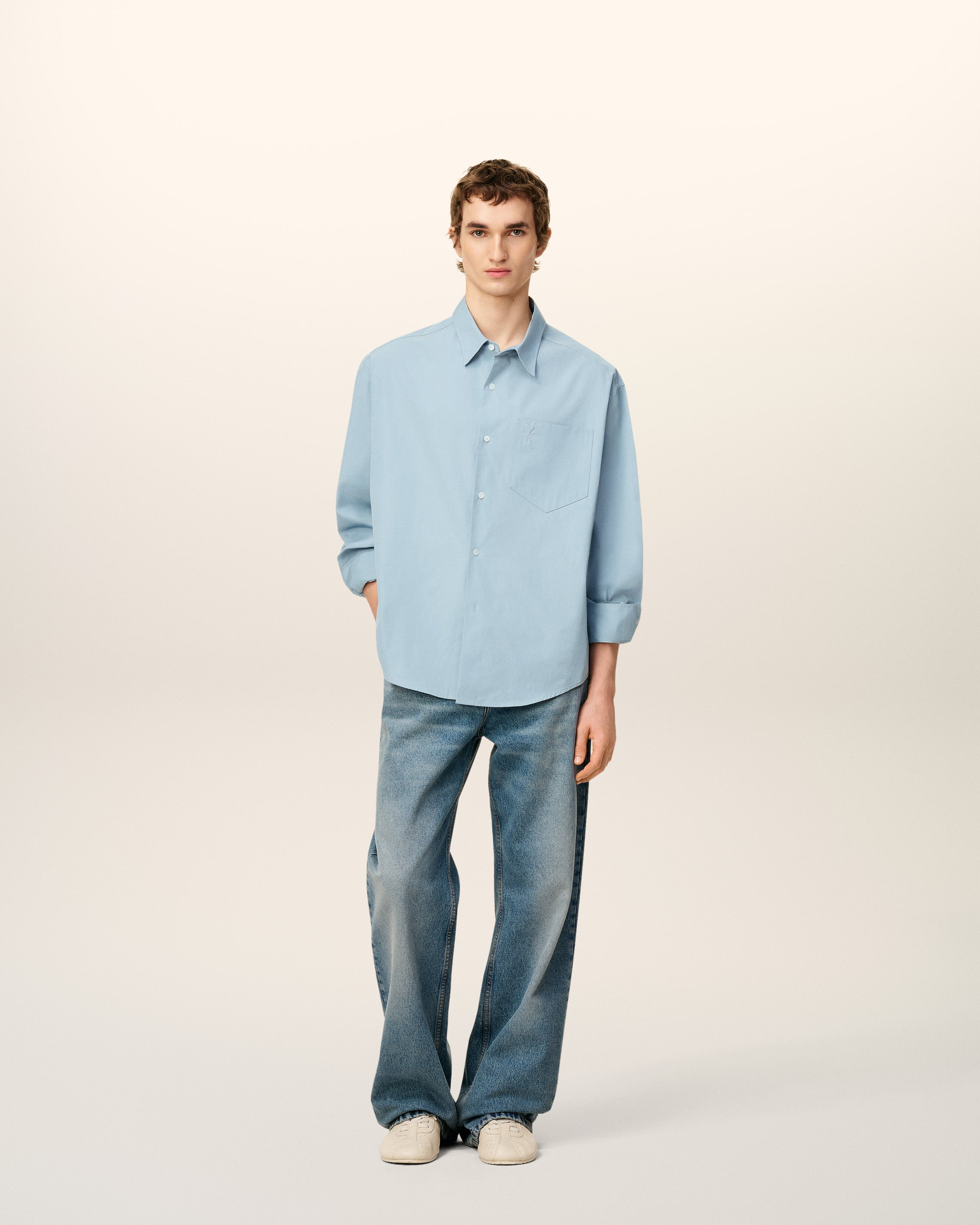 BLUE COTTON EMBOSSED AMI DE COEUR BOXY SHIRT - 2