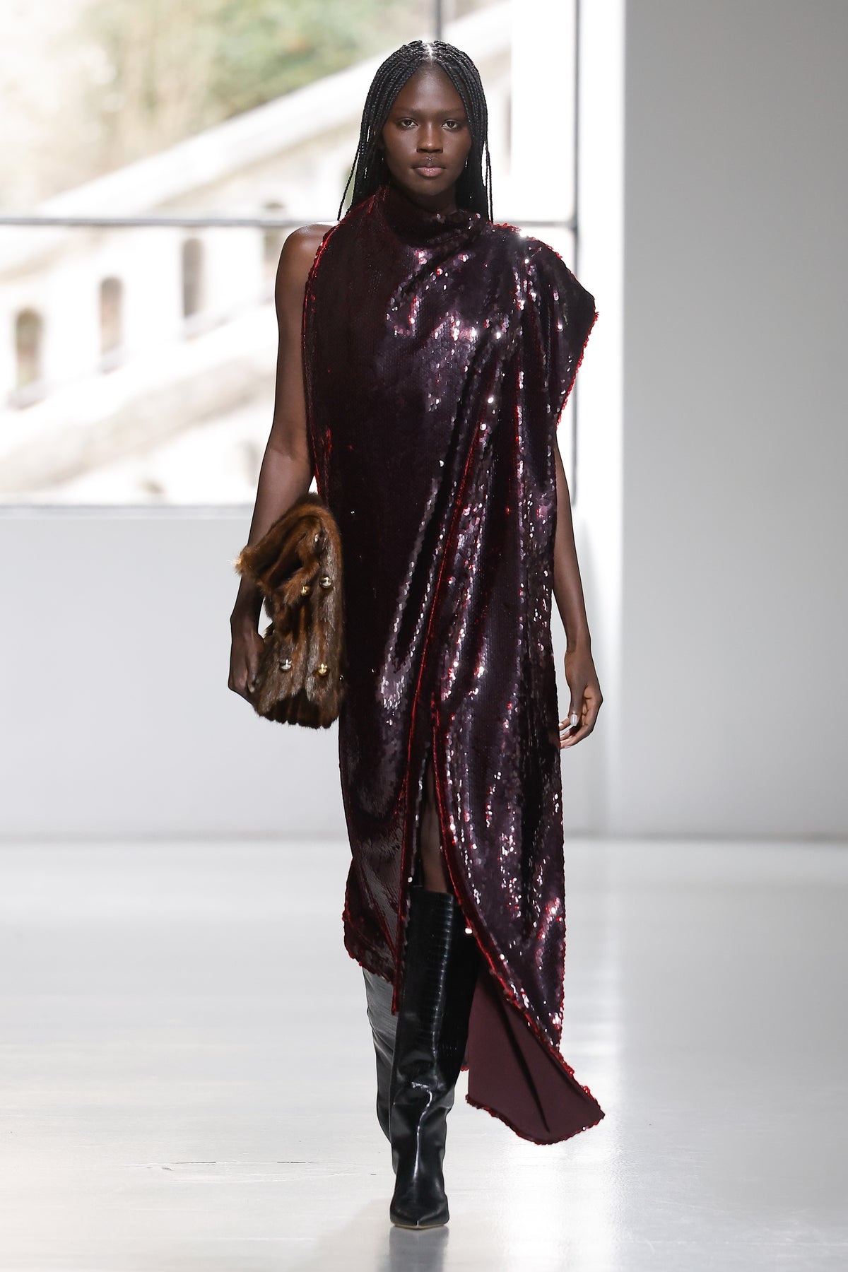 ASYMMETRIC DRAPED DRESS BURGUNDY - 5