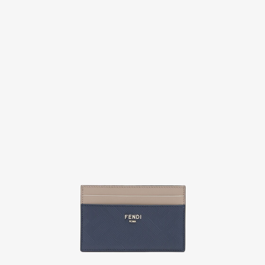 Blue leather card holder with FF motif. Beige leather details. Palladium metal FENDI ROMA lettering. - 1