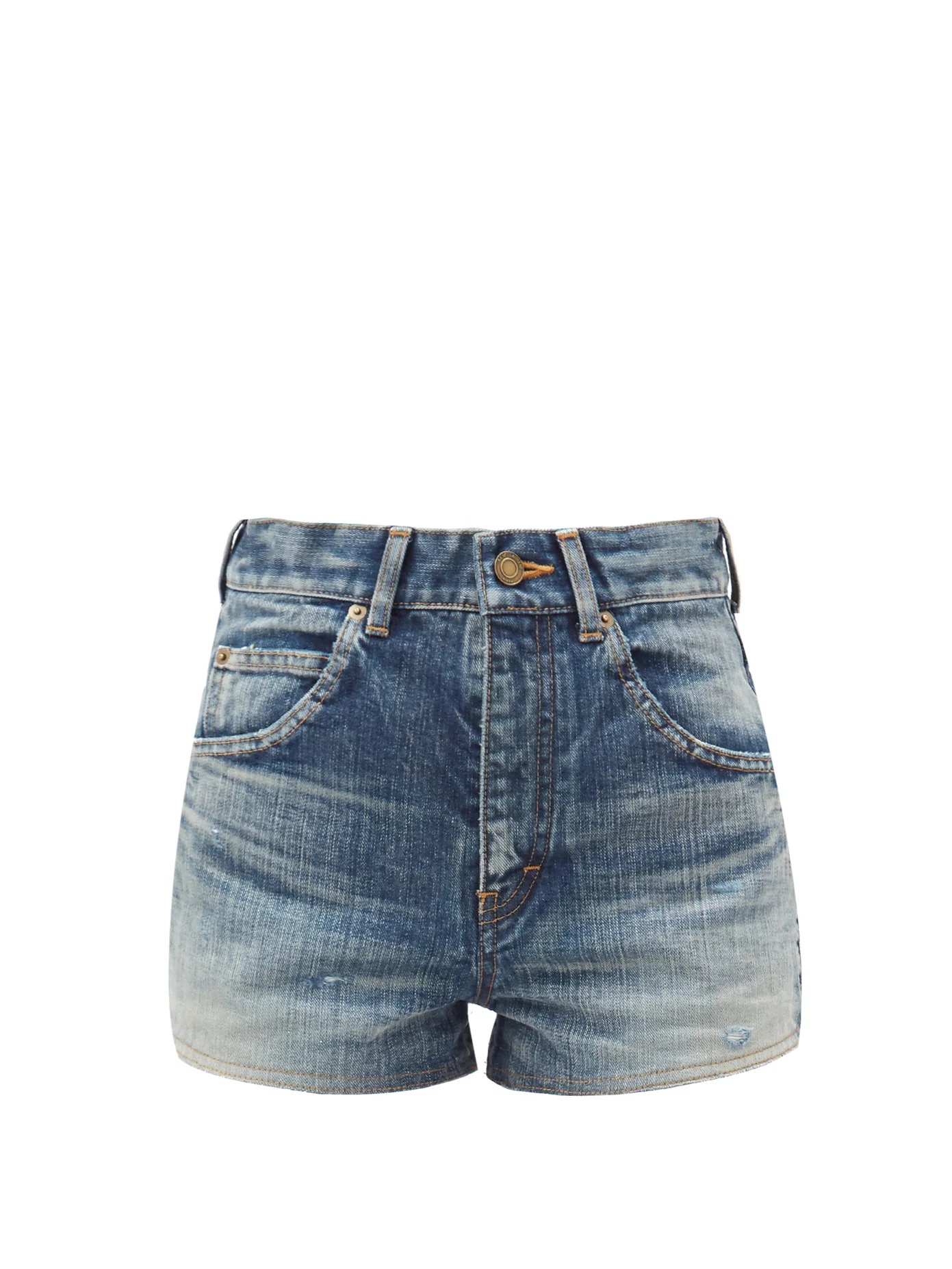 High-rise acid-wash cotton-denim shorts - 1