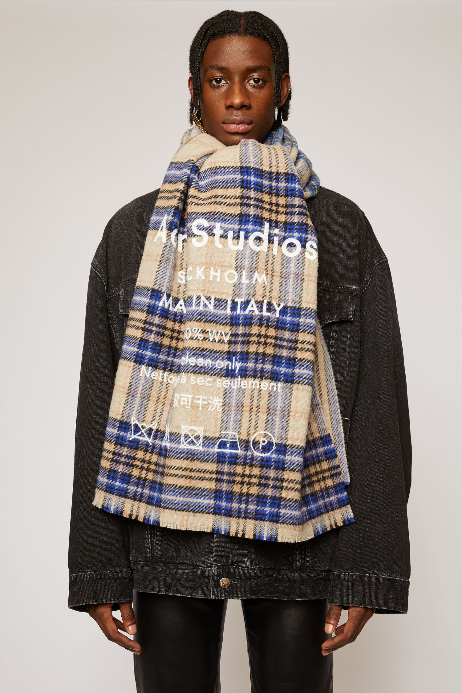 Checked logo scarf - Oatmeal Beige / Blue Check - 5