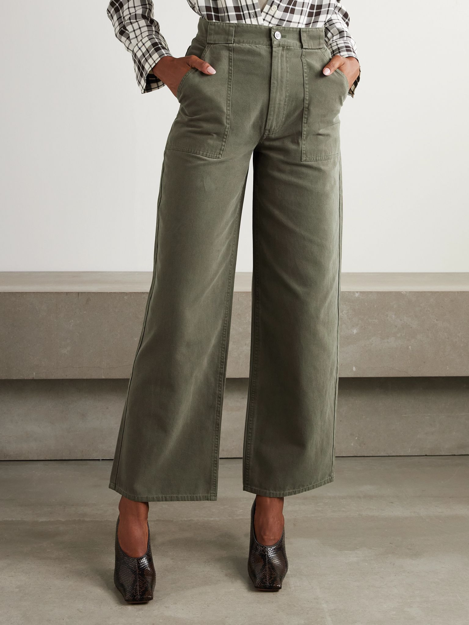 Grayson cropped cotton-canvas wide-leg pants Army green - 3