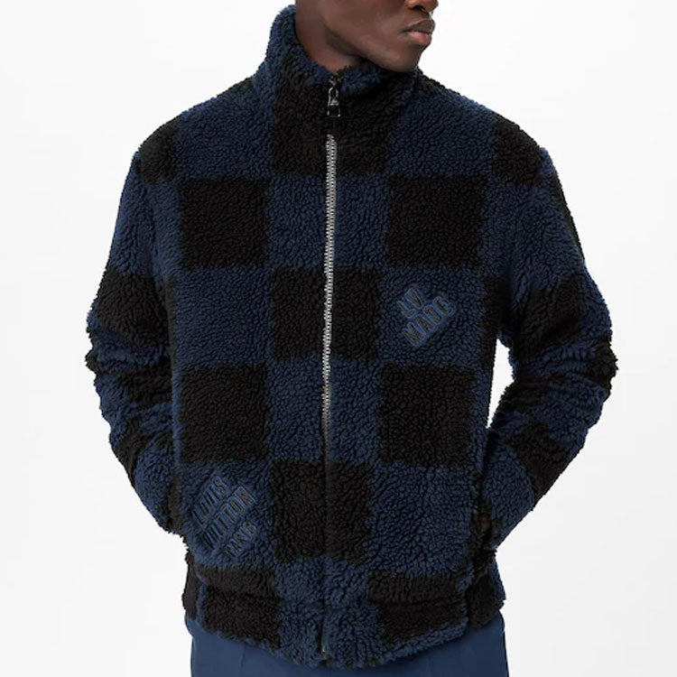 LOUIS VUITTON x NIGO2 Crossover LV2 SS22 Grid Lamb's Wool Zipper Stand Collar Jacket Autumn Blue 1A9 - 3