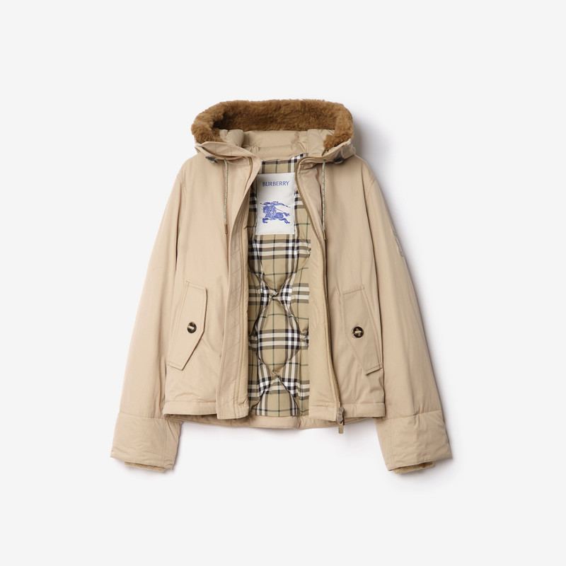 Burberry Shearling Trim Gabardine Hooded Jacket outlook