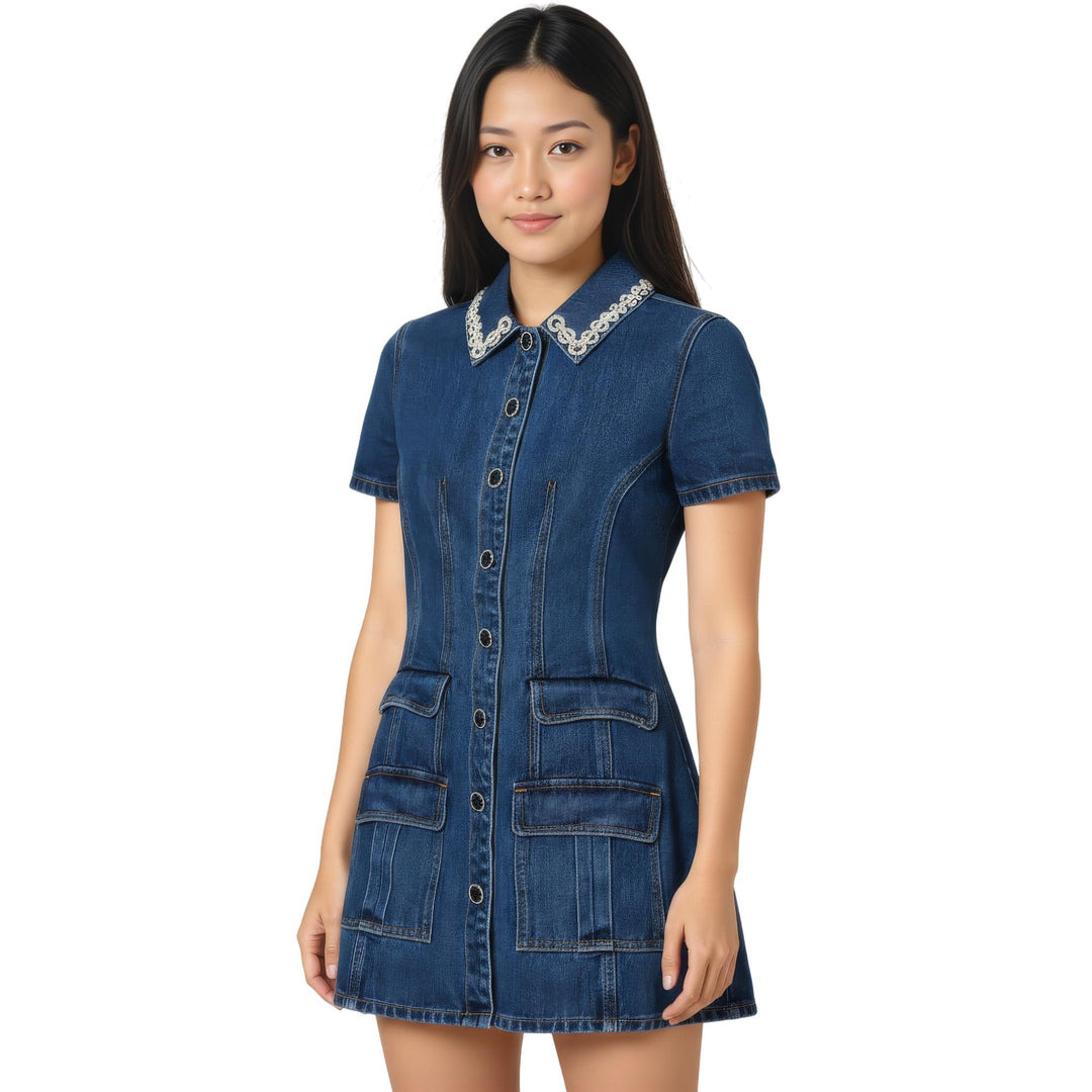 Denim Crystal Trim Collared Mini Dress - 2