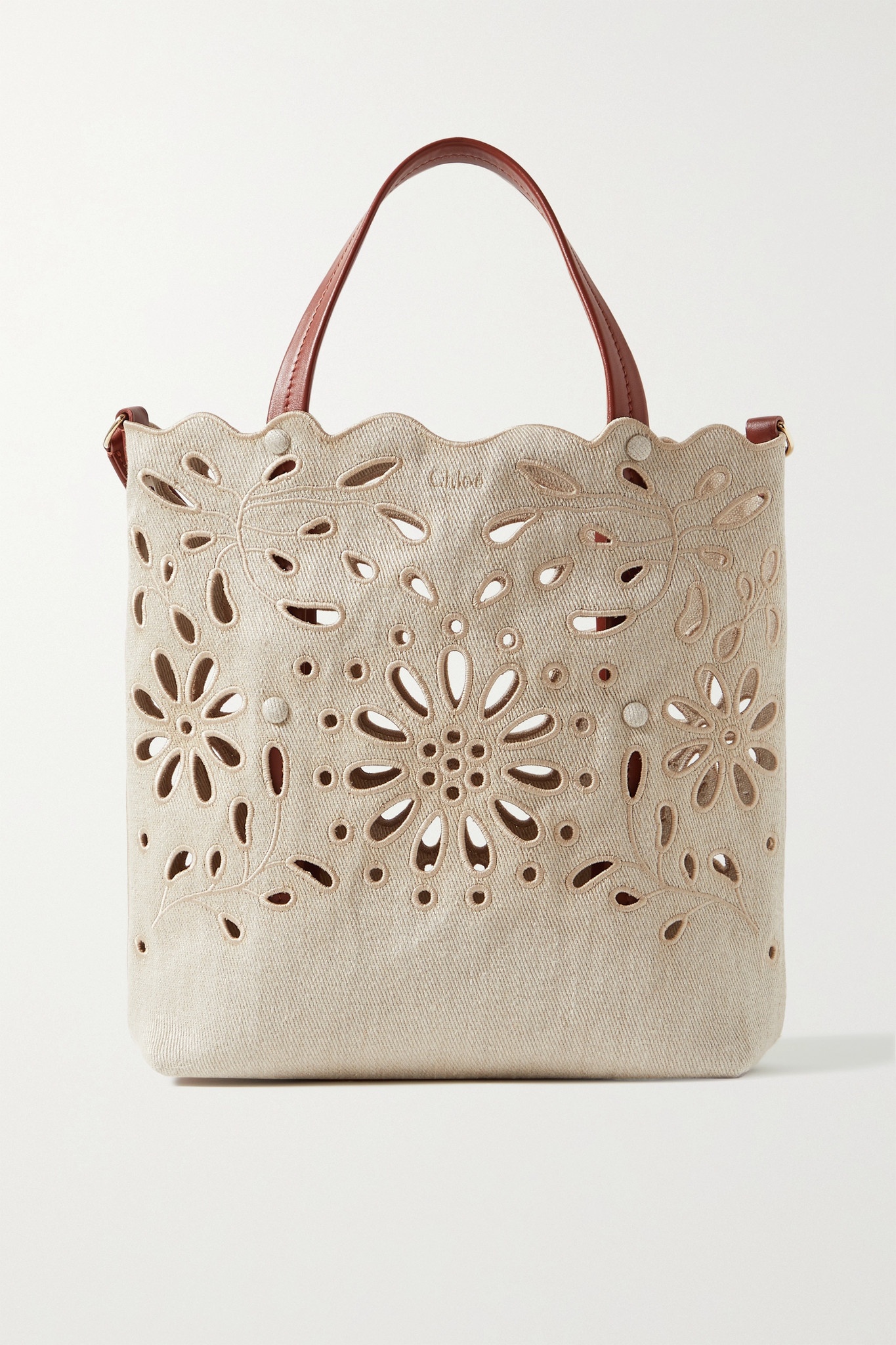 Kamilla leather-trimmed broderie anglaise linen tote - 1