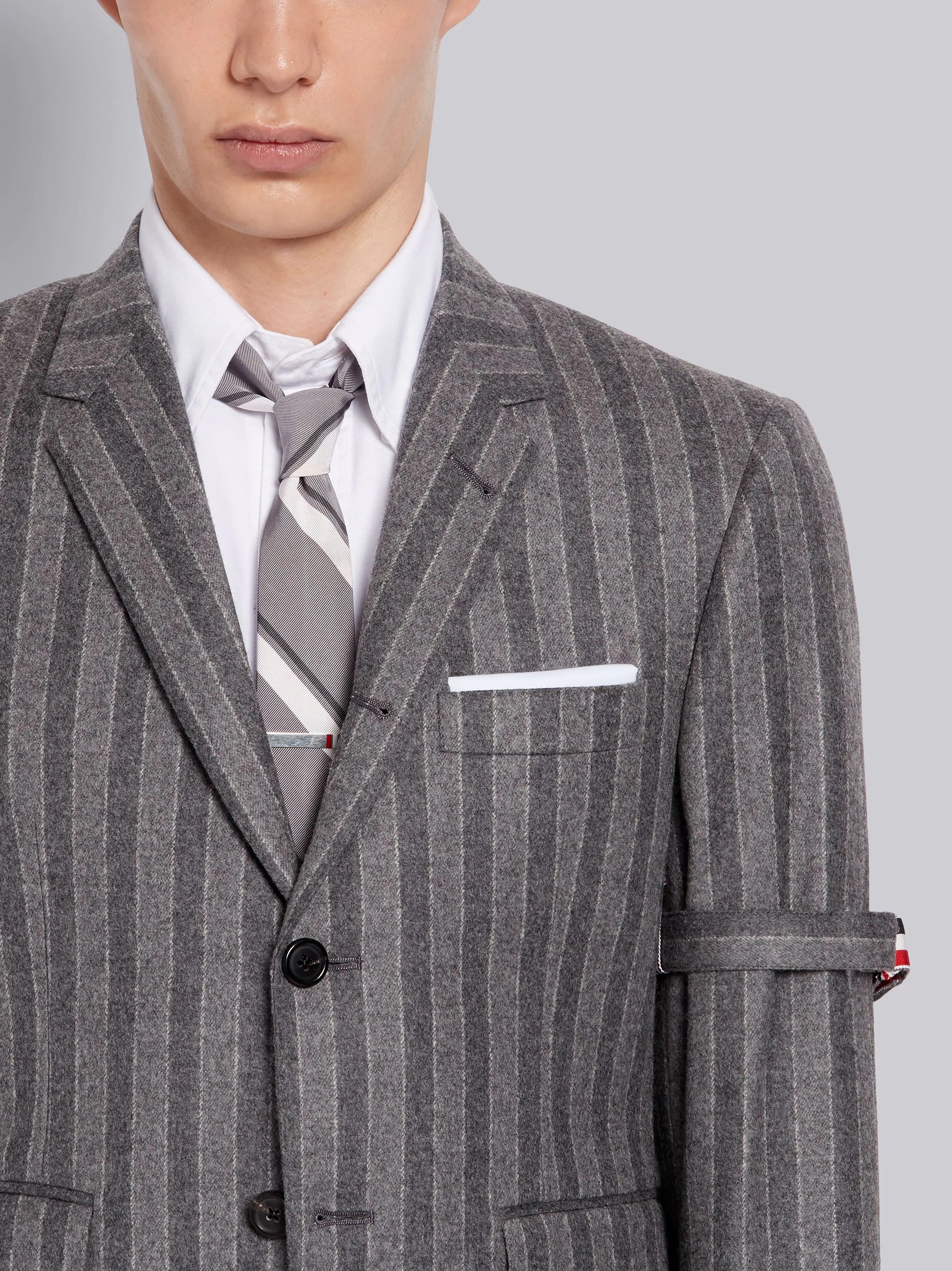 Medium Grey Tonal Chalk Stripe Wool Flannel Armband Classic Jacket - 5