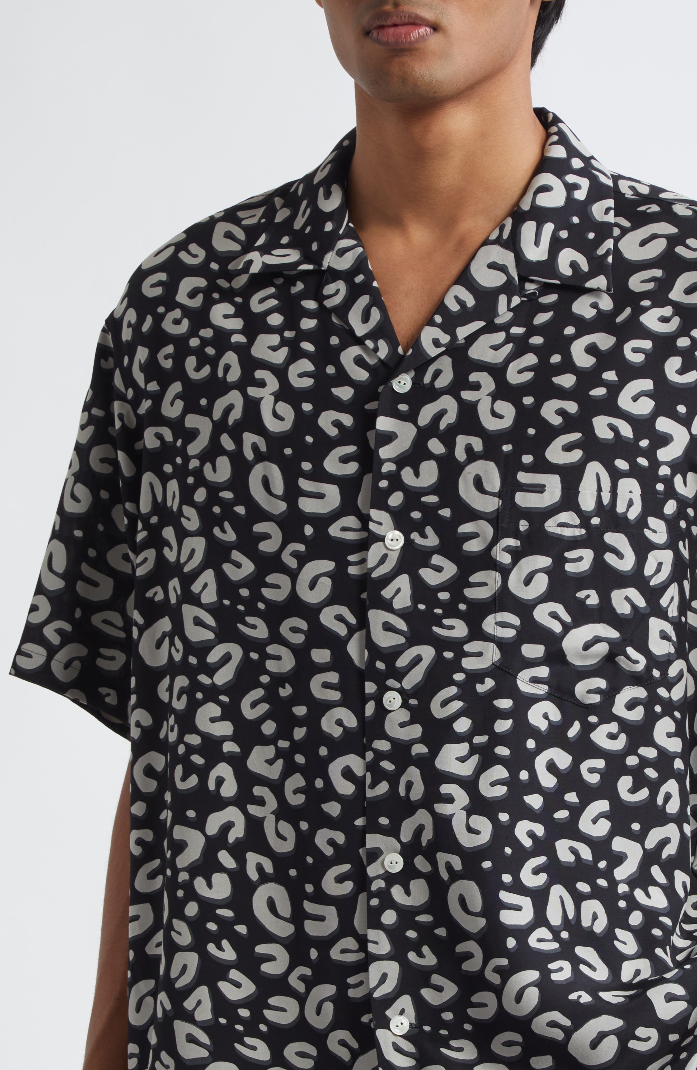 TAKAHIROMIYASHITA TheSoloist. Leopard Print Oversize Camp Shirt in Black X White at Nordstrom - 5