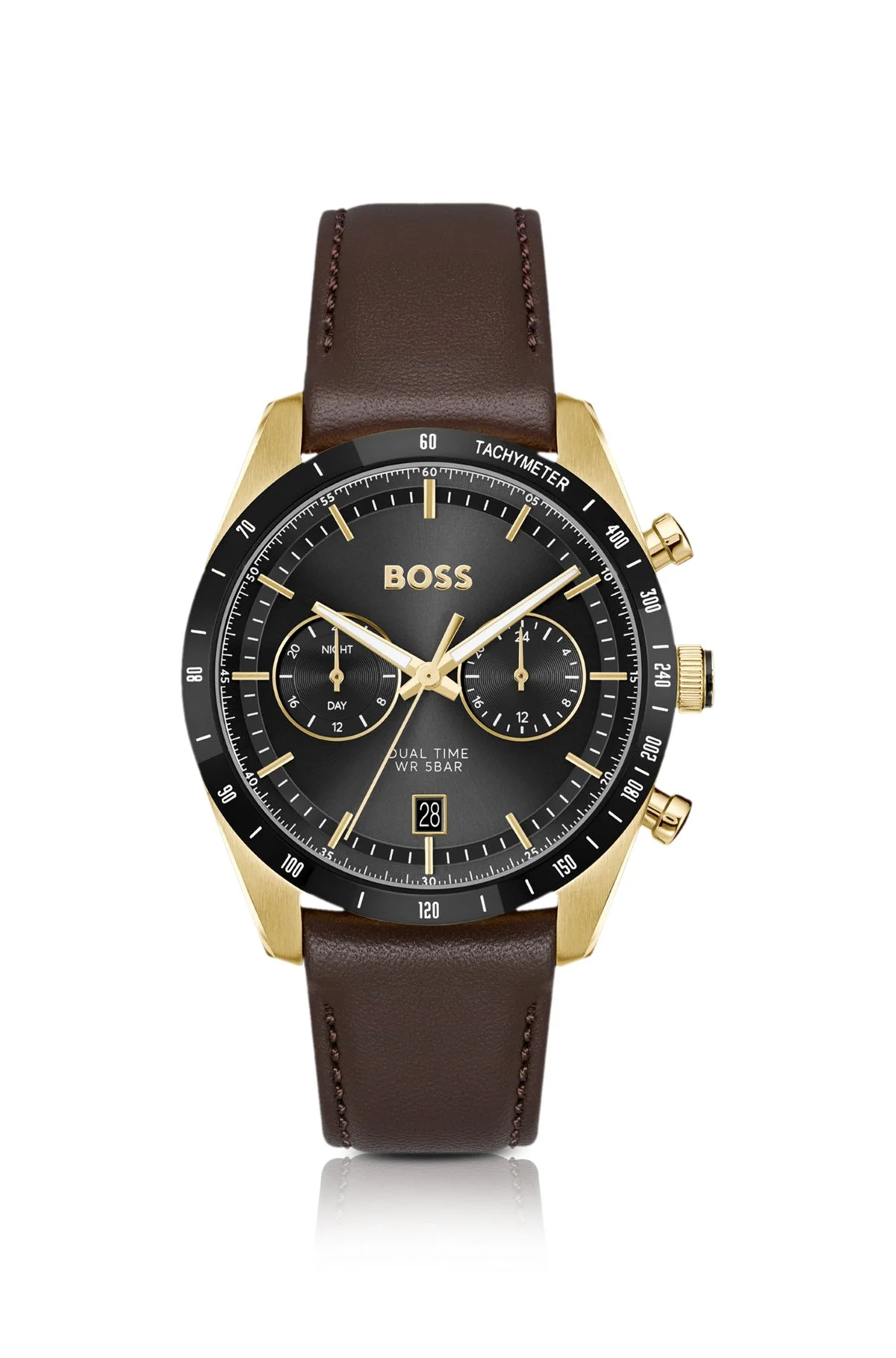 TOURMASTER GOLD-TONE WATCH WITH BROWN LEATHER STRAP - 1