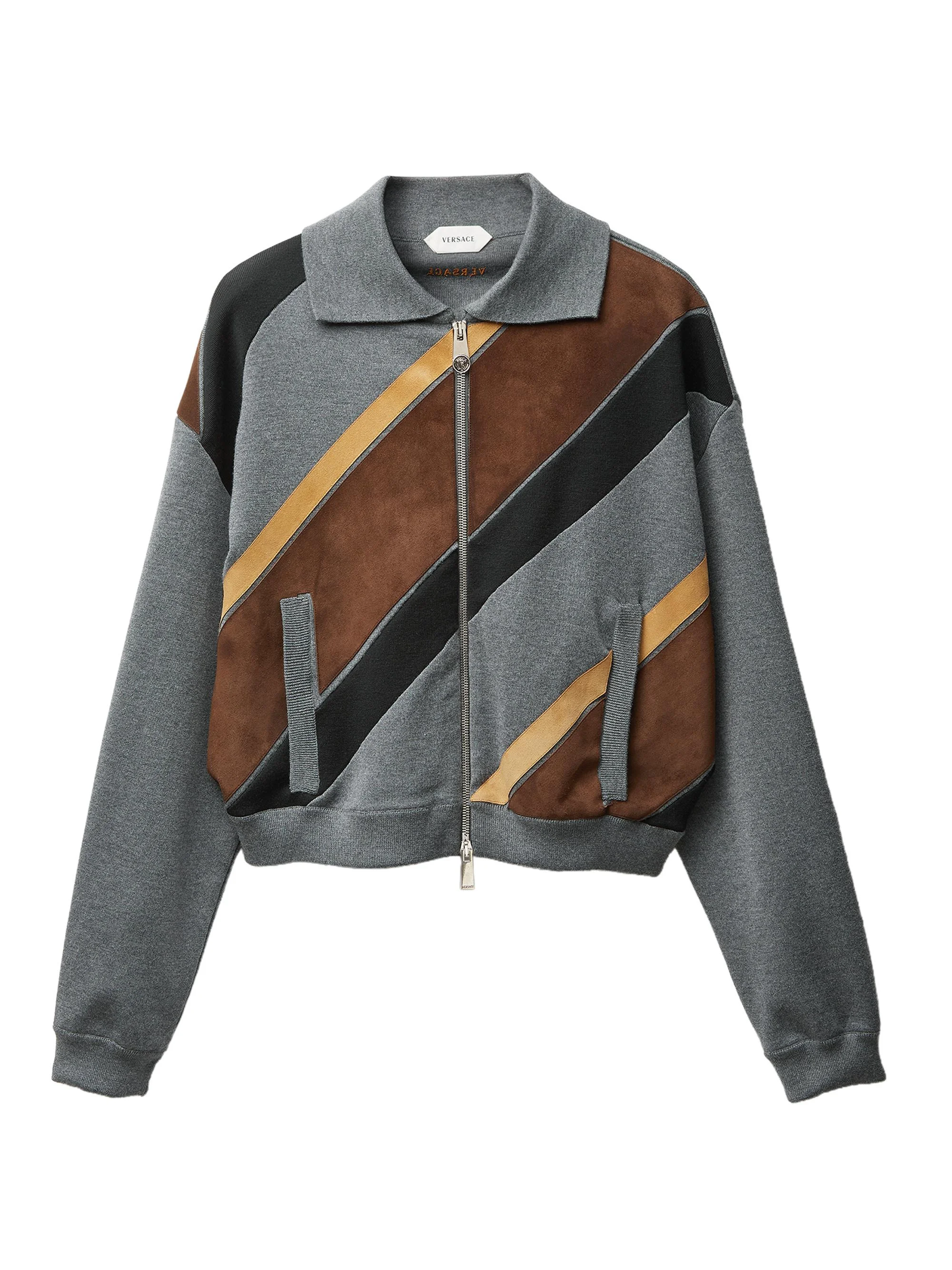 Women's Intarsia-Wool & Leather Patchwork Zip Sweatshirt - Medium Grey - 1