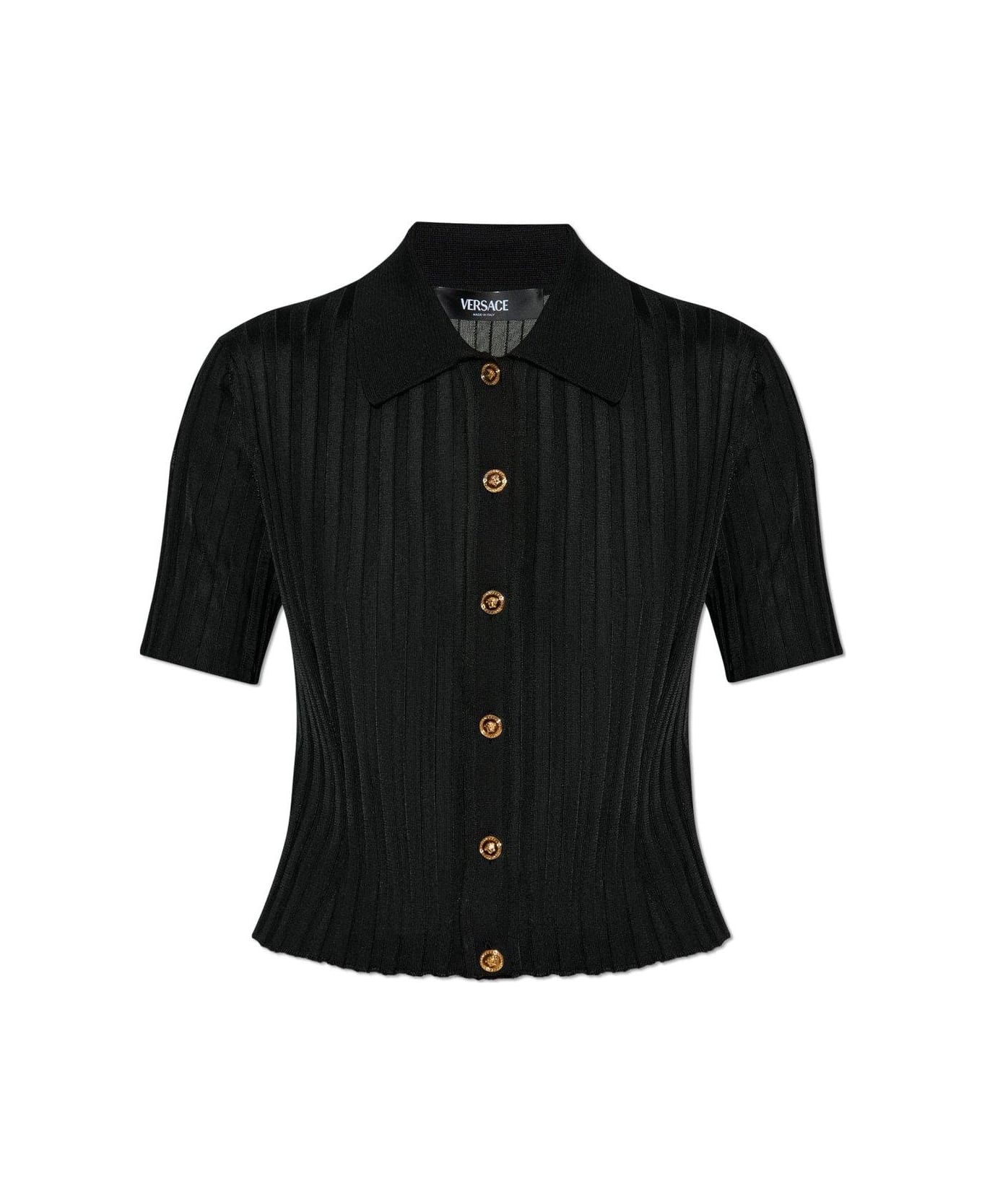 Short-sleeved Button-up Knitted Shirt - 1