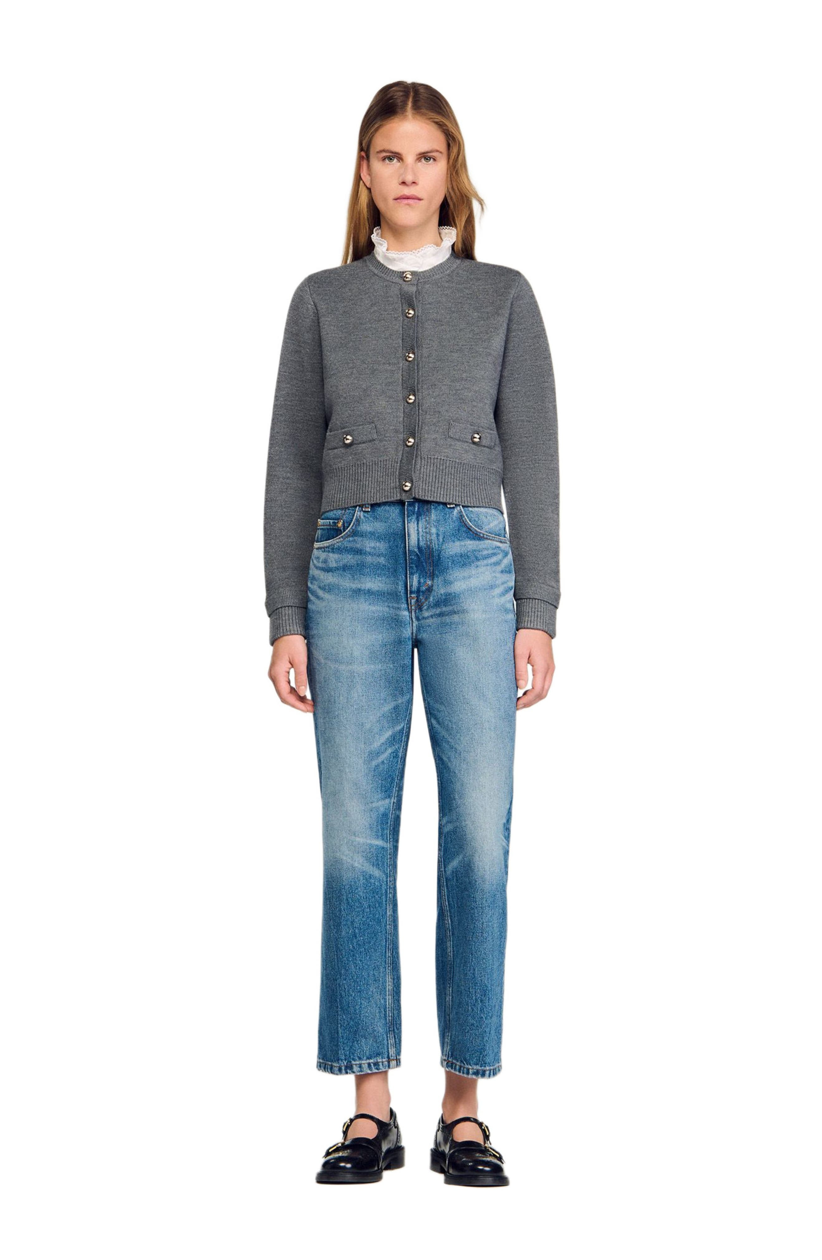 SANDRO Cardigan with detachable ruffle collar in Grey at Nordstrom - 2