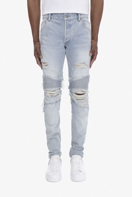 Slim-fit ripped blue cotton jeans - 5