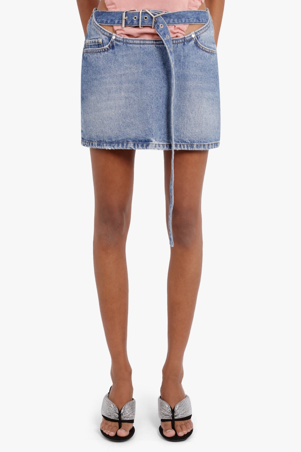 DENIM MINI SKIRT Y-BELT ARC CUT OUT | FADED BLUE - 3