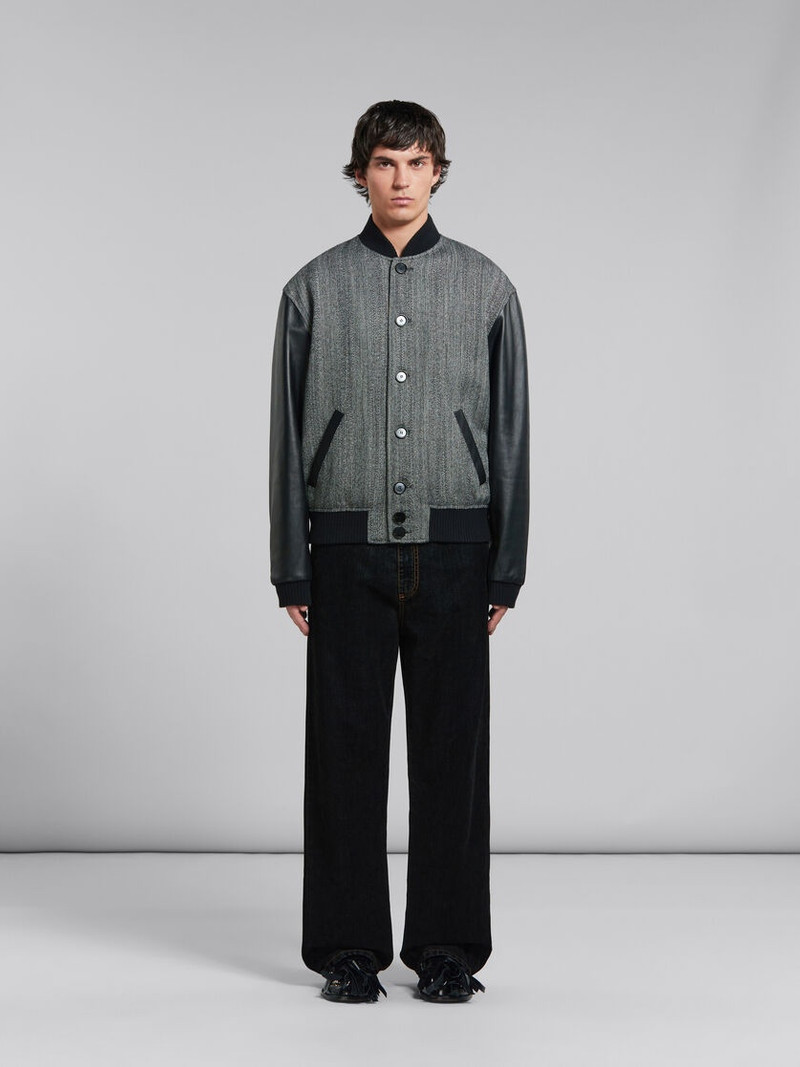 Marni BLACK HERRINGBONE WOOL JACKET WITH LEATHER SLEEVES outlook