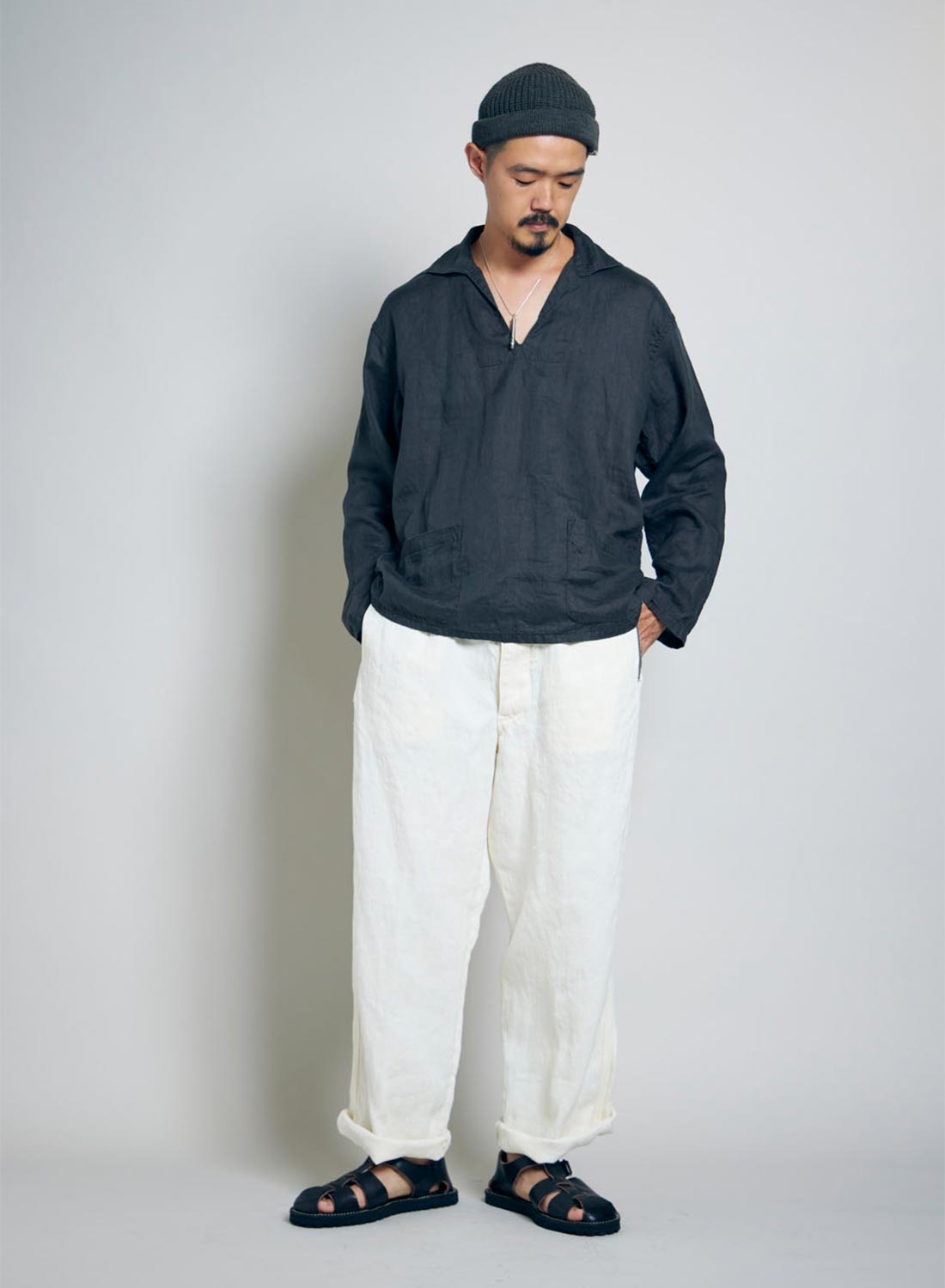 French Pullover Shirt Hemp in Charcoal Grey - 3