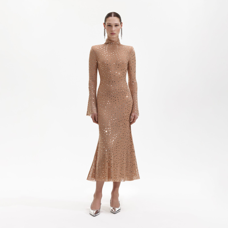 Gold Square Rhinestone Mesh Midi Dress 1