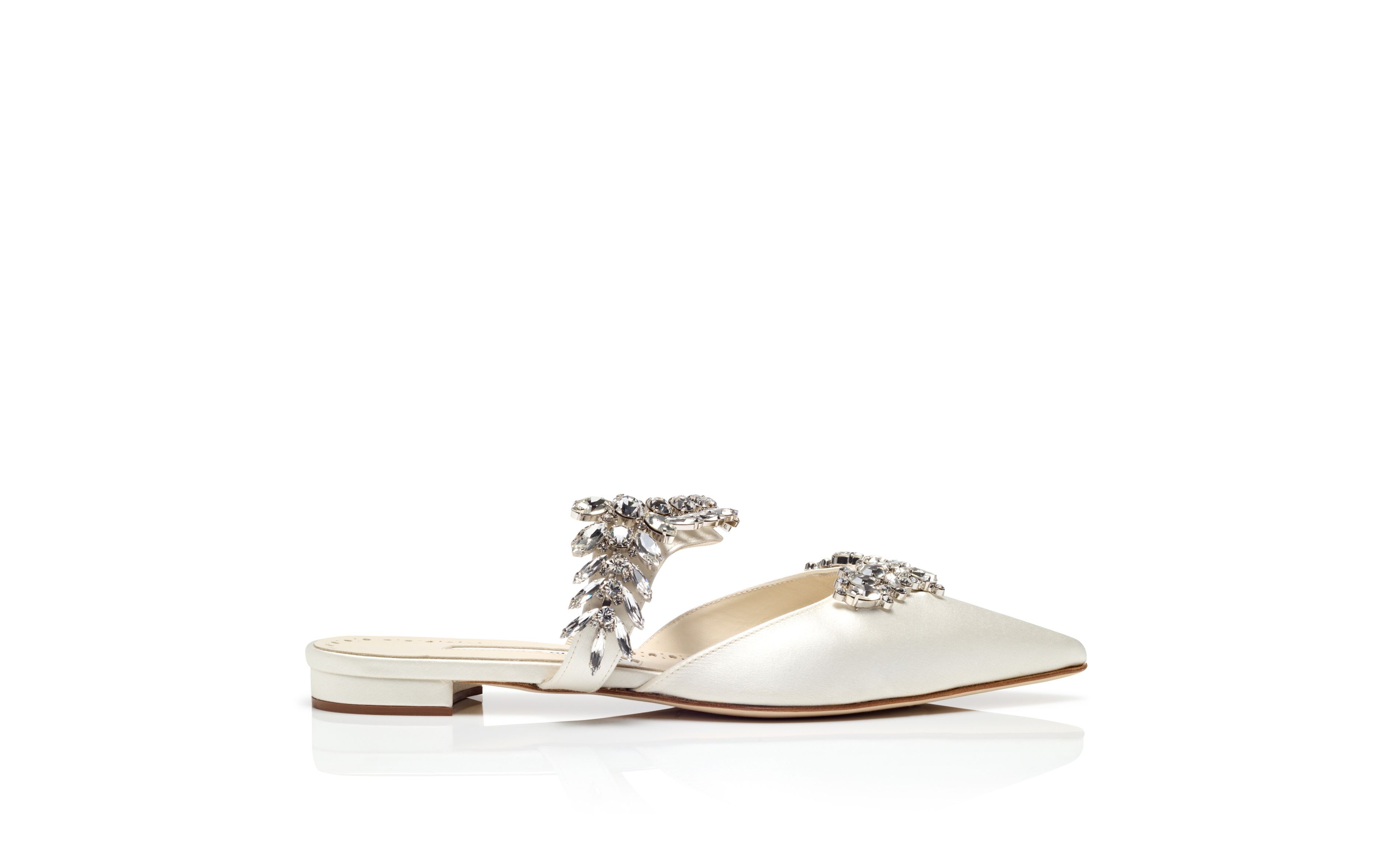 Light Cream Satin Crystal Embellished Flat Mules - 1