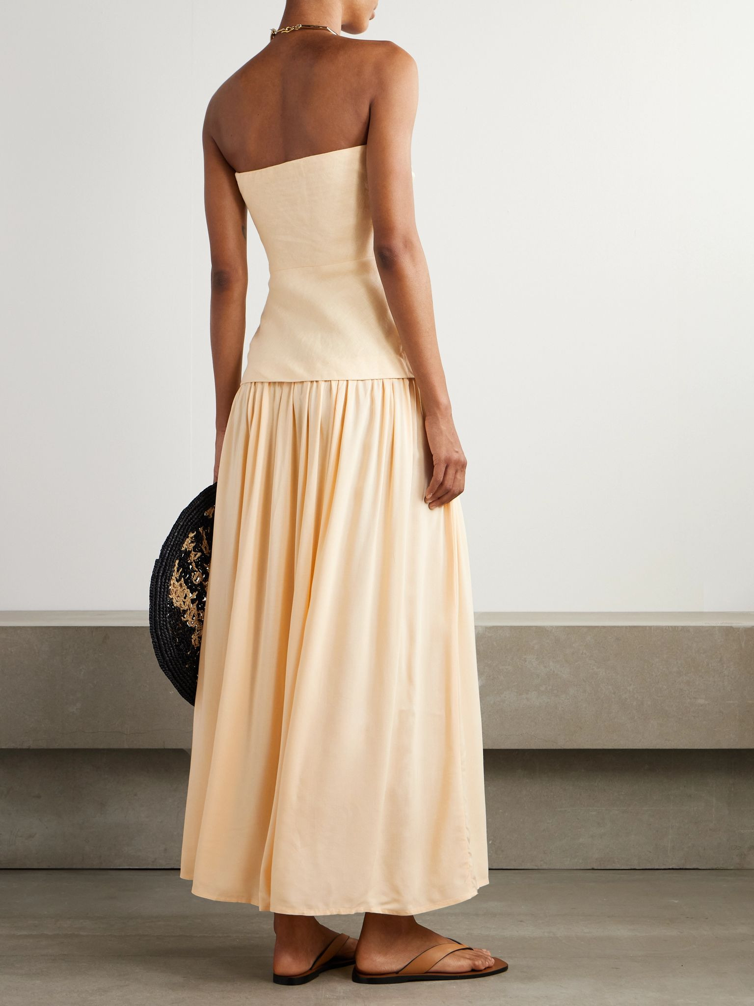 Hedy strapless gathered linen and voile maxi dress Pastel yellow - 3