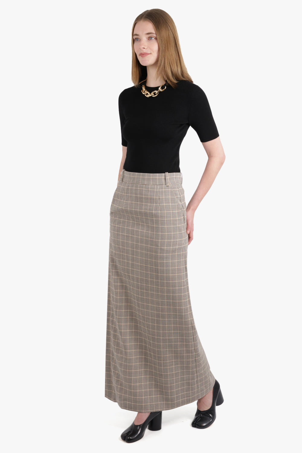 CHECK PRINT STRAIGHT MAXI SKIRT | BEIGE - 2
