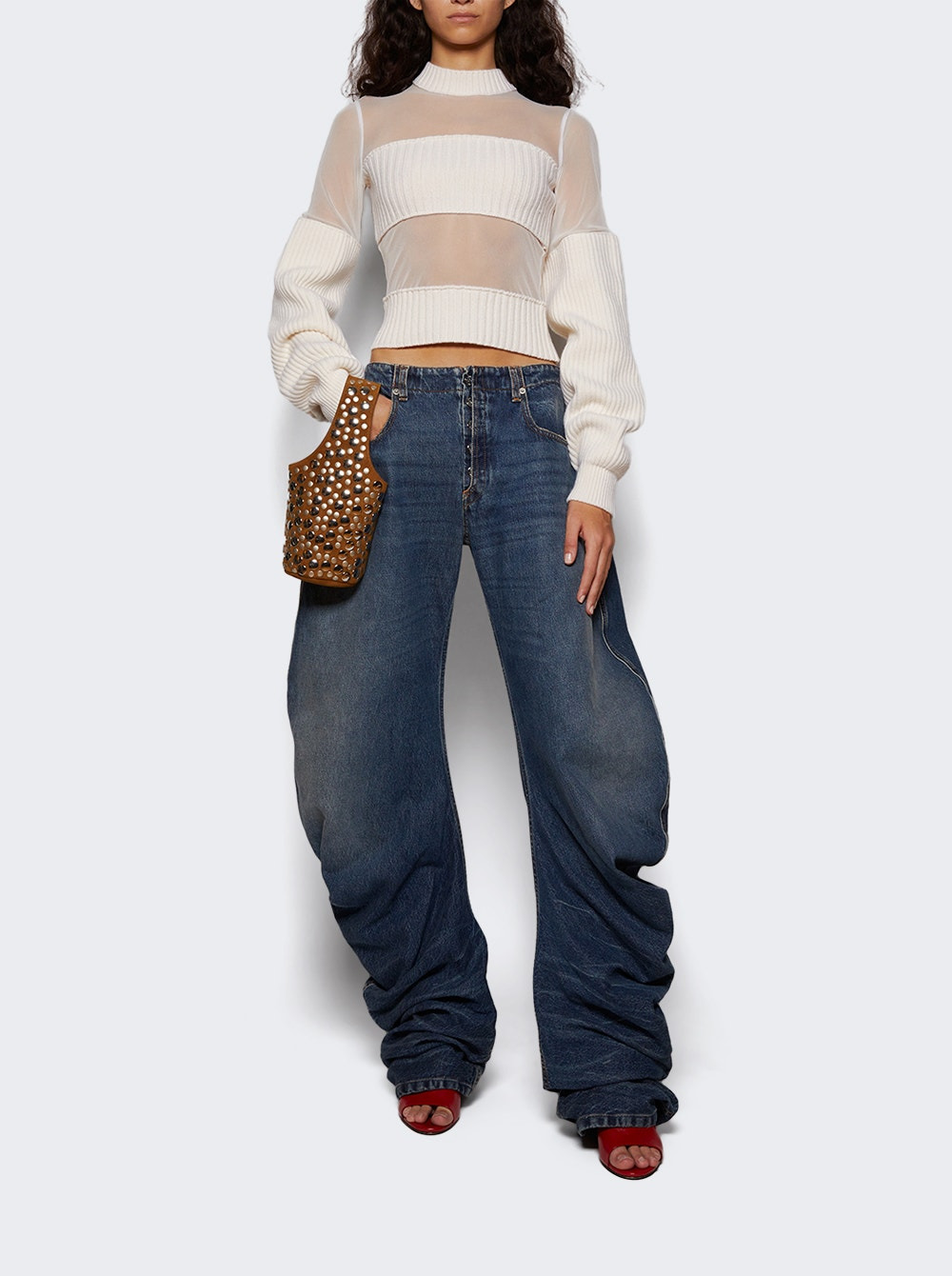 Ribbed Wool And Mesh Long Sleeve Sweater Ecru - 5