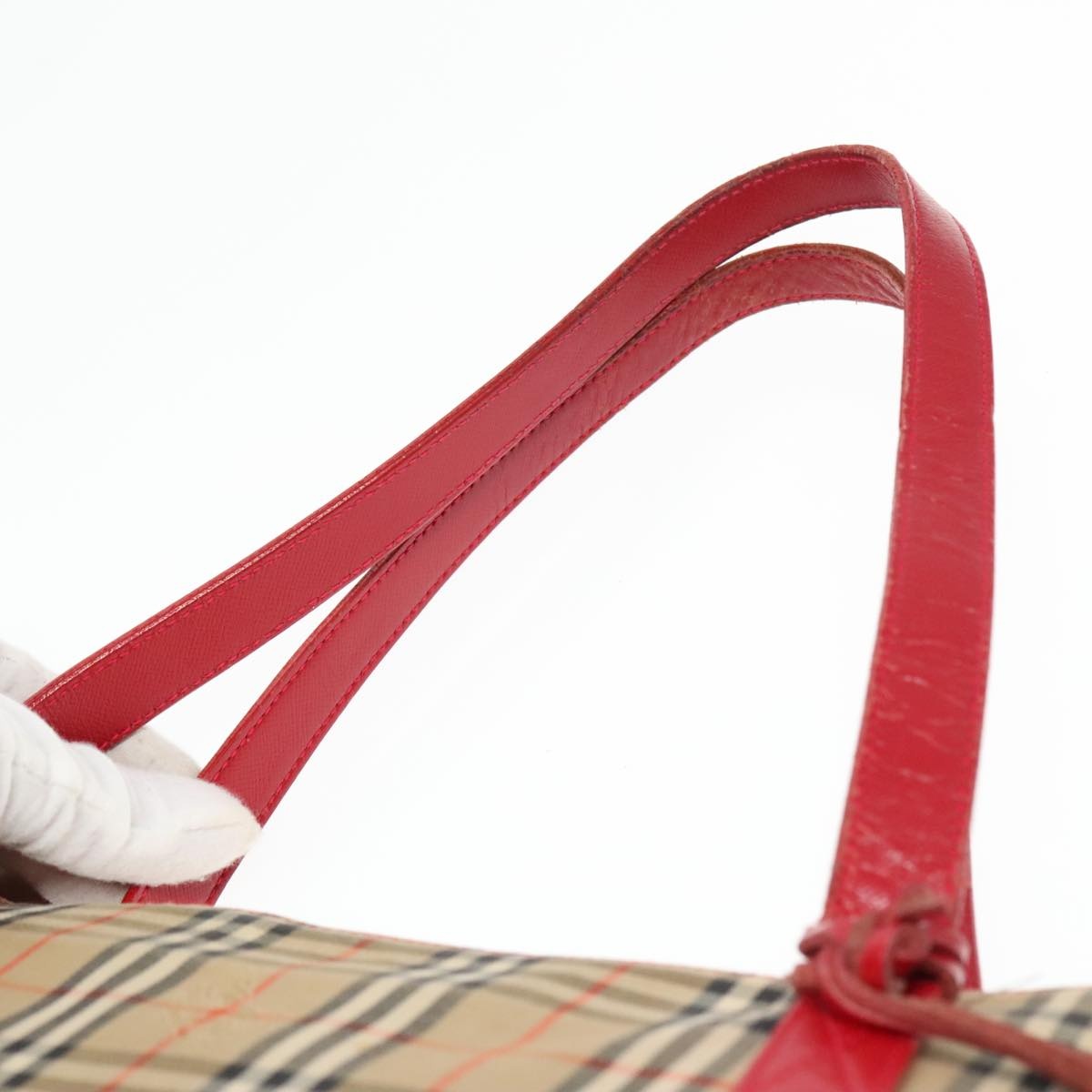 Burberry Nova Check Hand Bag Canvas Leather Beige Red Gold - 8