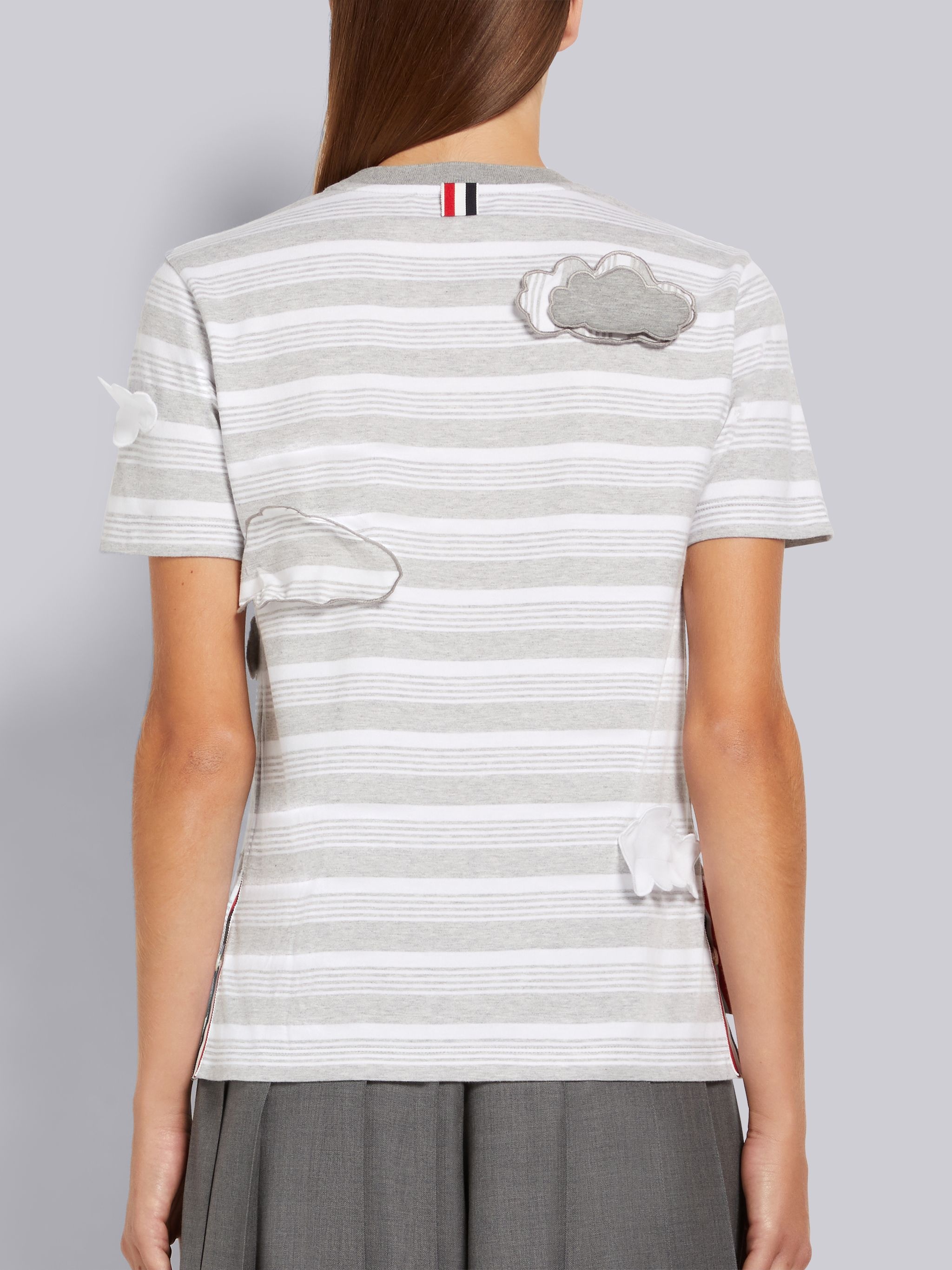 Pastel Grey Striped Jersey Wired Cloud Applique Embroidery Short Sleeve Tee - 3