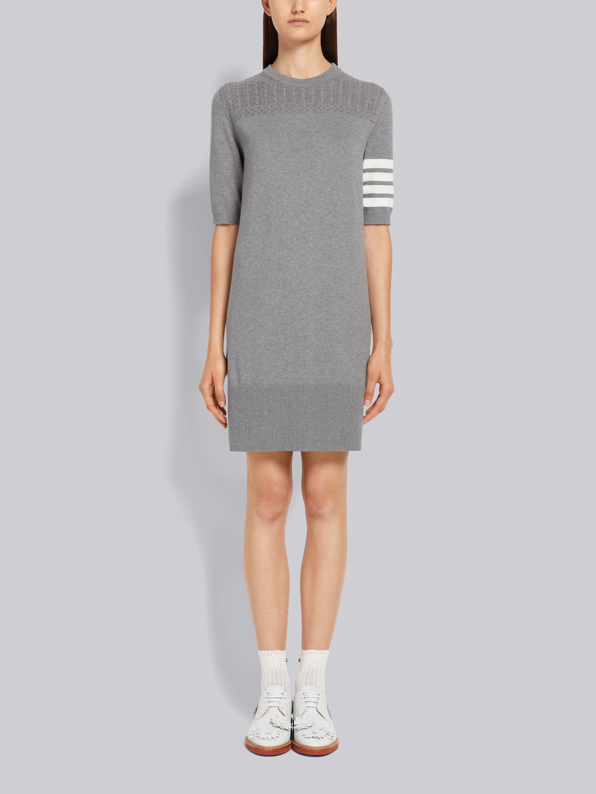 Light Grey Cotton Hector Medallion 4-Bar Short Sleeve Mini Dress - 1