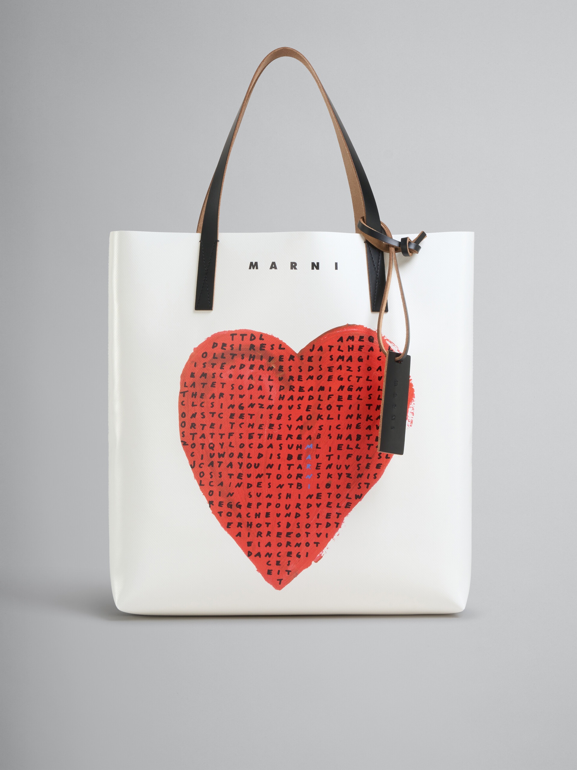 WHITE TOTE WITH WORDSEARCH HEART PRINT - 1