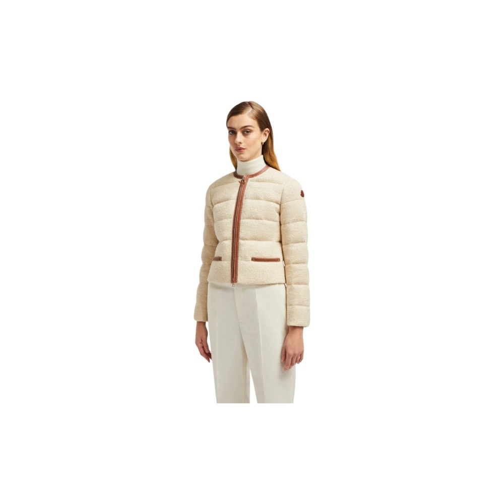 Moncler BEIGE SHORT DOWN JACKET WITH LEATHER TRIM | miinto