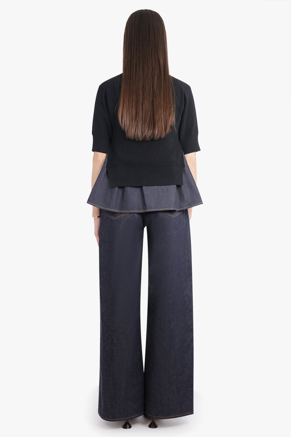 S/S PULL OVER KNIT WITH DENIM UNDERLAY | BLACK/INDIGO BLUE - 5