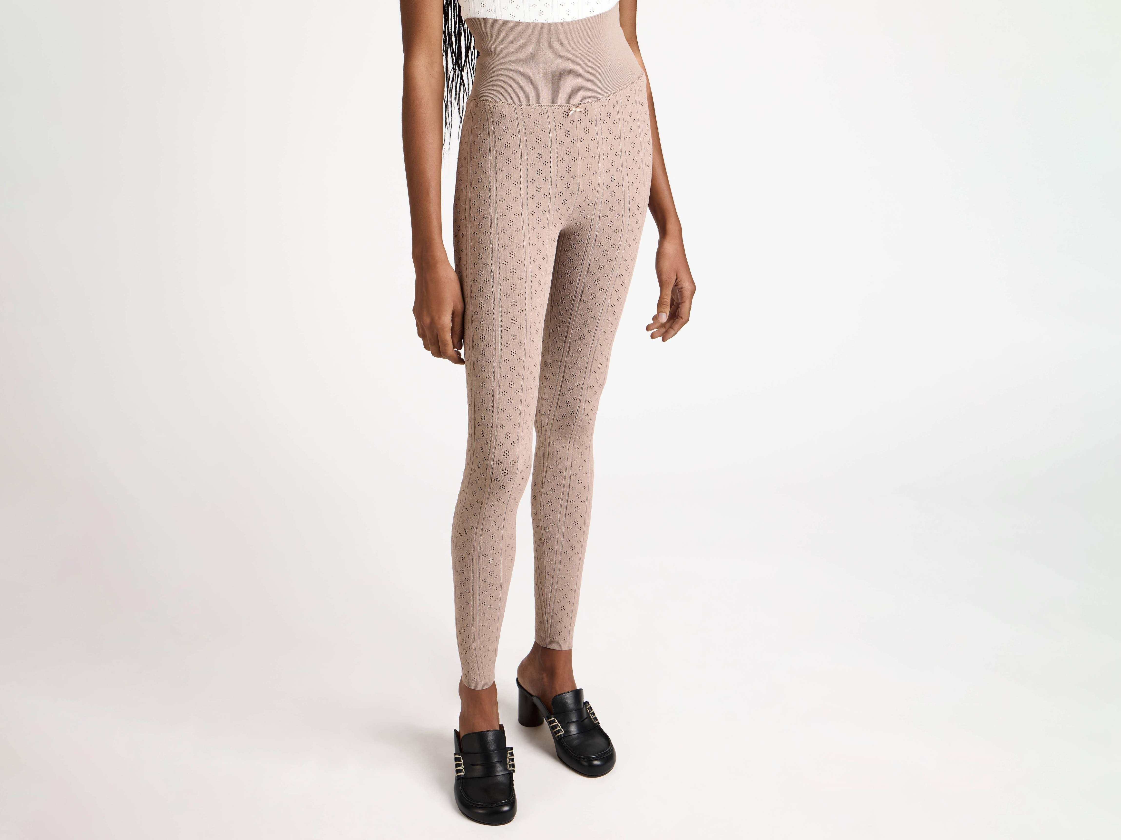 KNITTED POINTELLE LEGGINGS IN TAUPE - 5