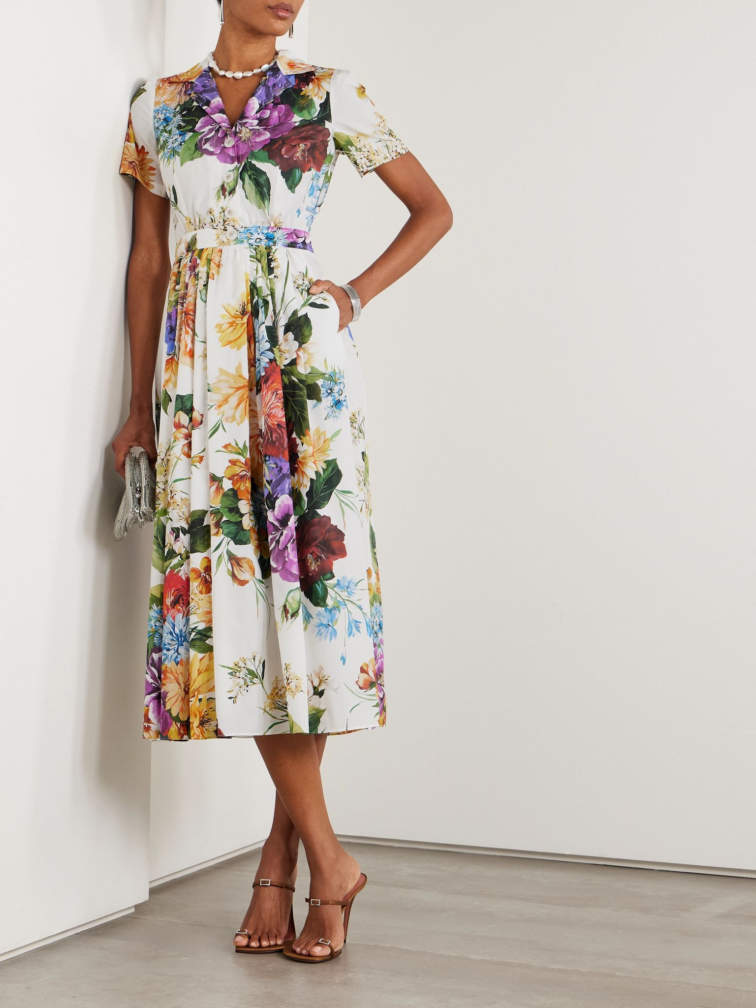 Pleated floral-print cotton-poplin midi dress White - 2