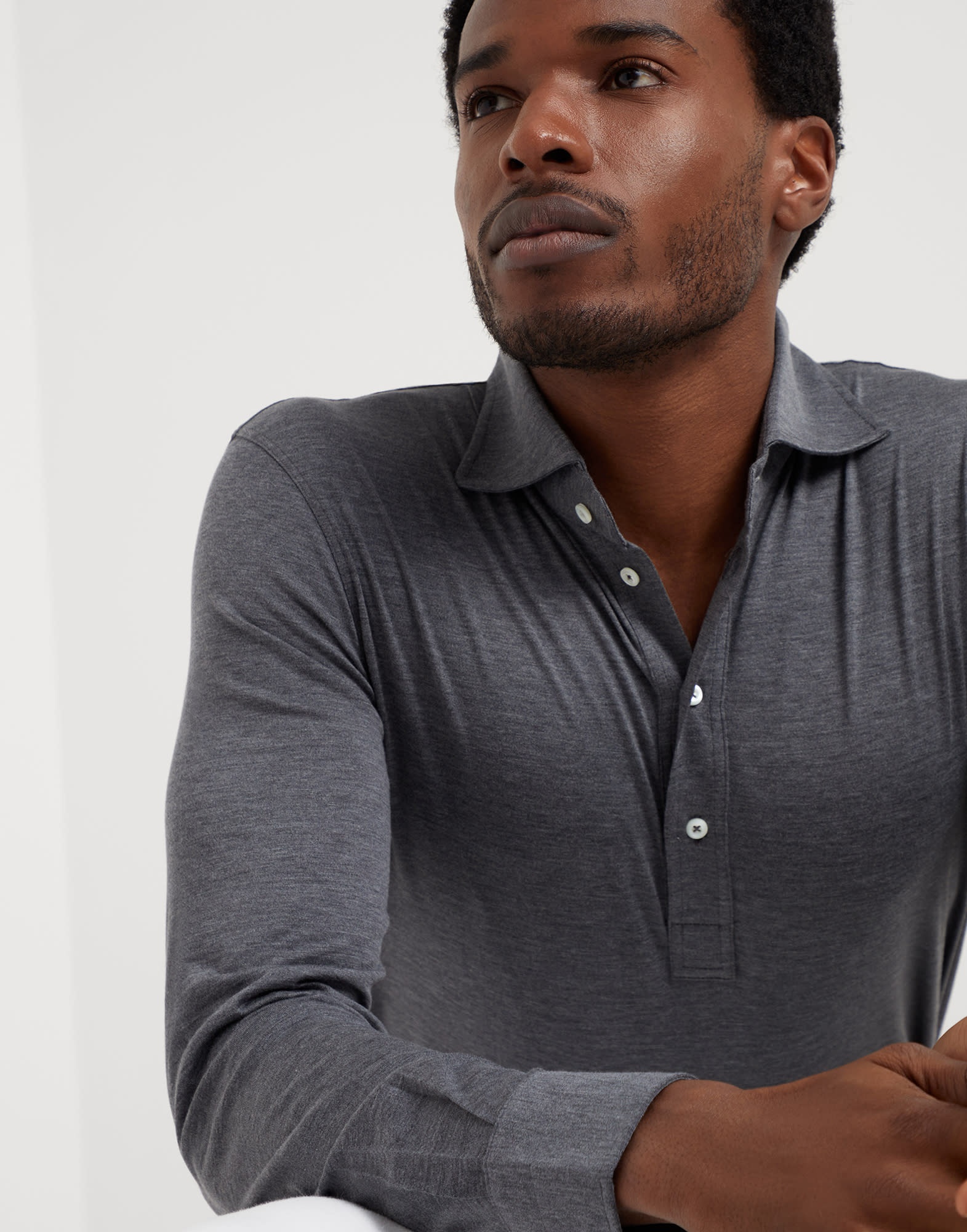 Silk and cotton lightweight jersey long sleeve polo with shirt-style collar - 3