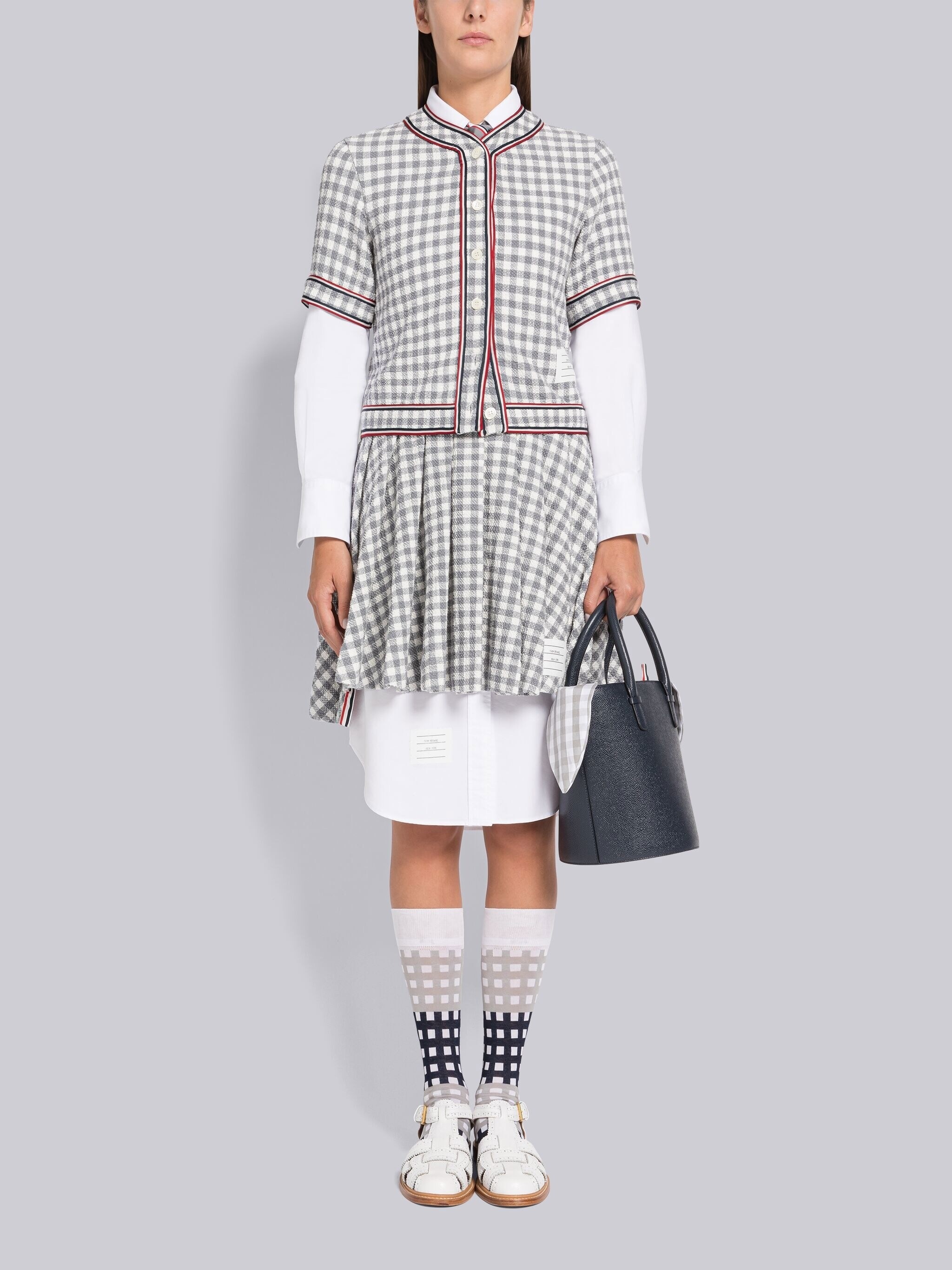 Gingham Stripe Trim Pleated Mini Skirt - 4