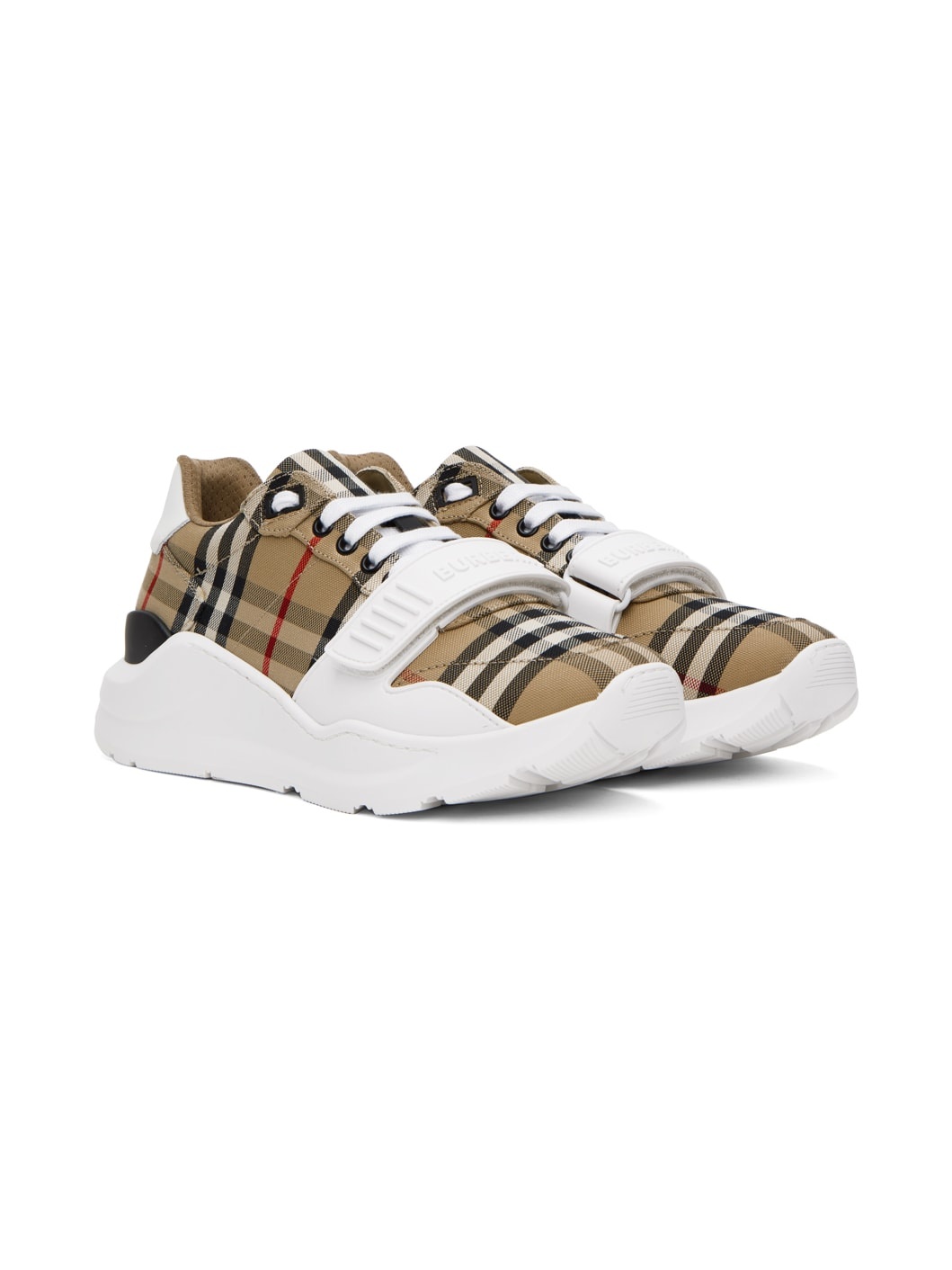 Beige & White Check Sneakers - 4