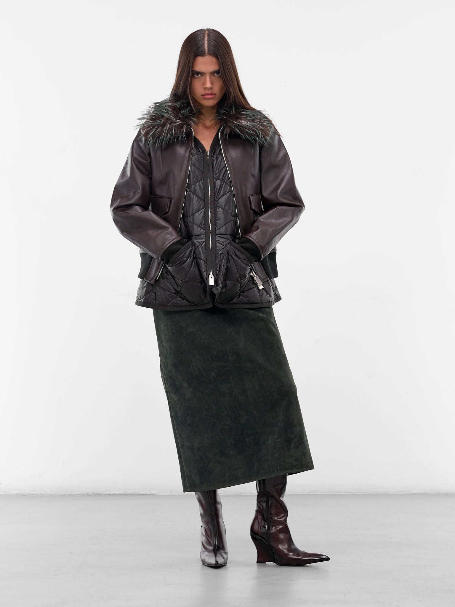 Brown Layered Leather Zip Jacket - 6