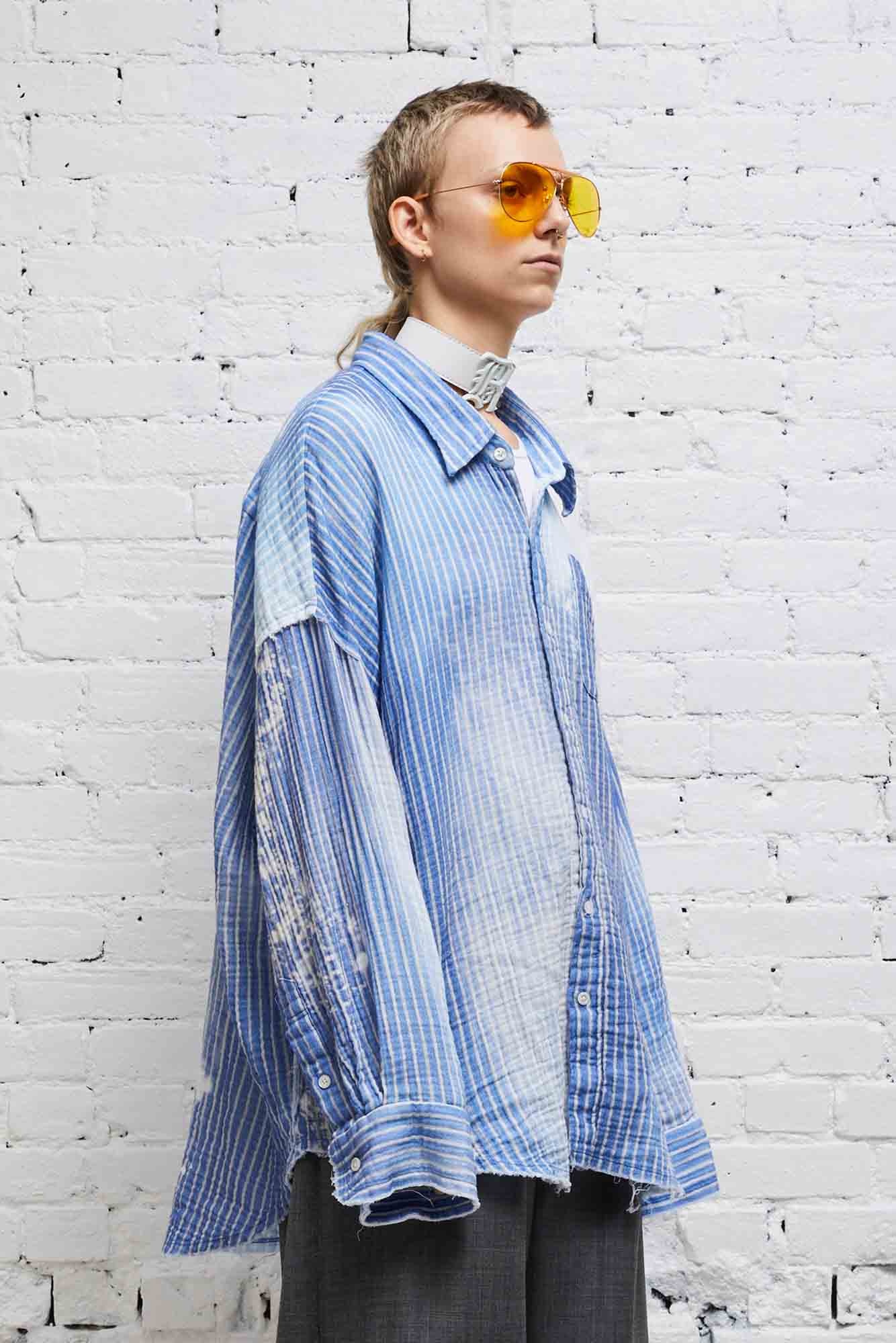 SHREDDED SEAM DROP NECK SHIRT - BLEACH BLUE PINSTRIPE - 4