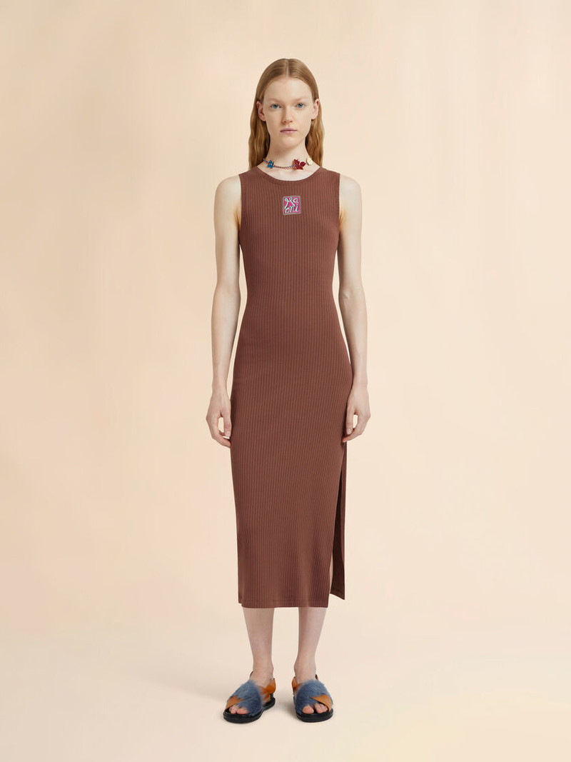 Marni BROWN RIBBED COTTON MIDI DRESS WITH MARNI FRAME LOGO outlook